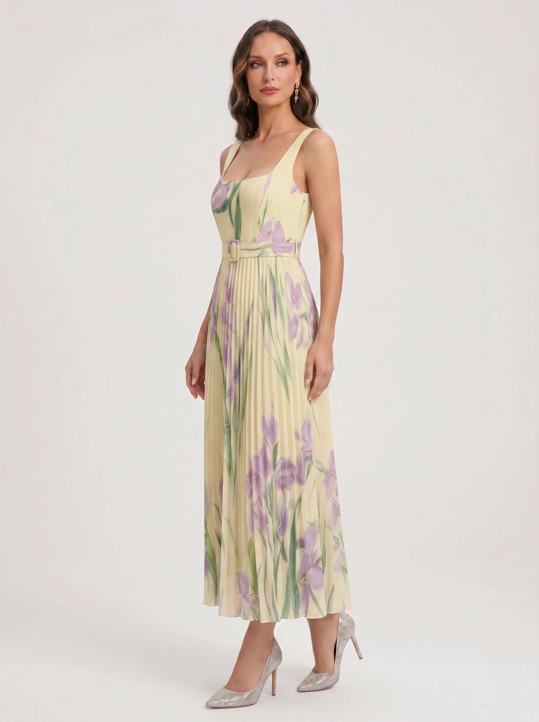 Tuliphe Pleated Belted Maxi Dress – Square Neck Floral Wedding Guest Women Summer Garden Party Maxi Dress