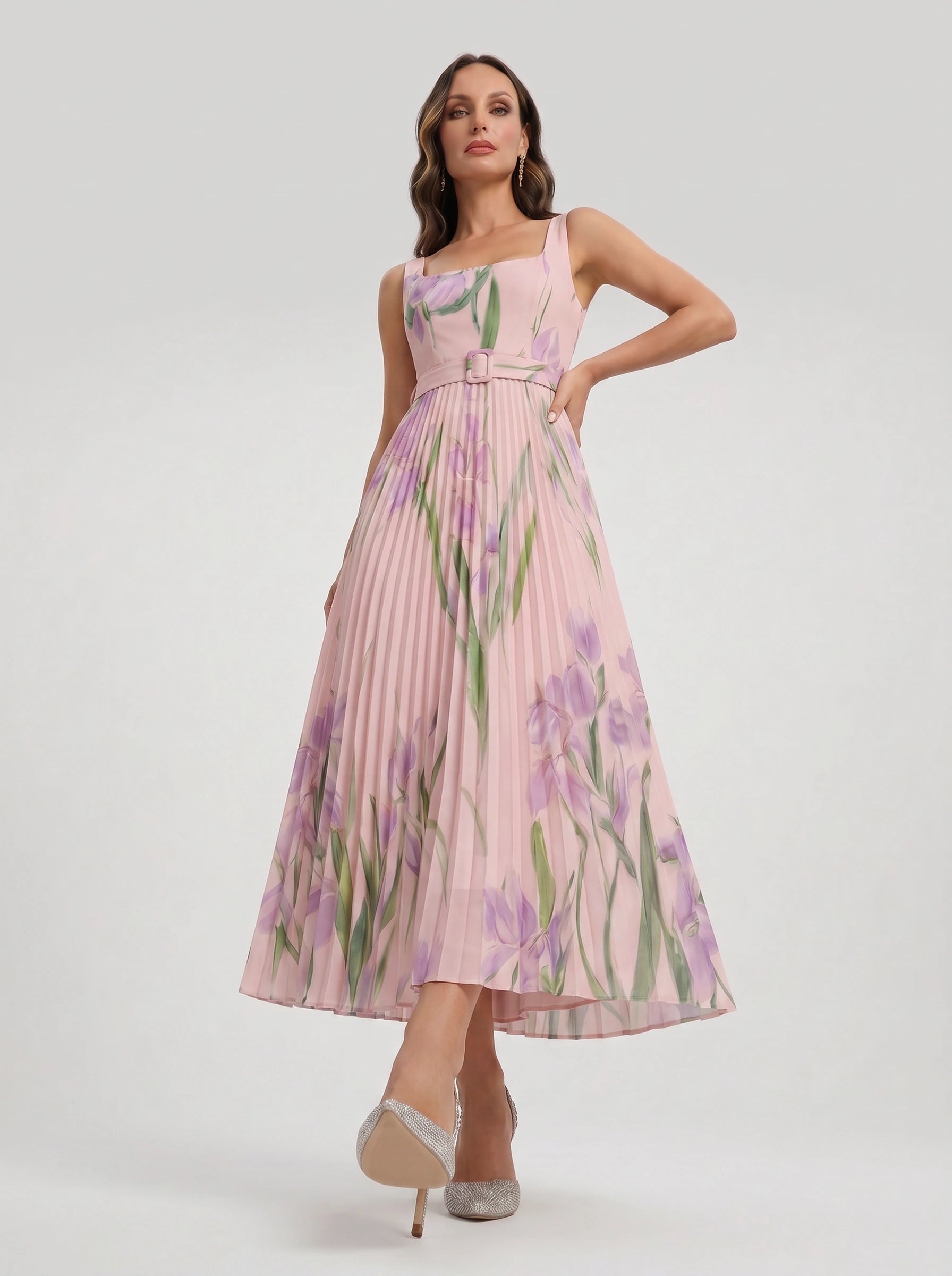 Tuliphe Pleated Belted Maxi Dress – Square Neck Floral Wedding Guest Women Summer Garden Party Maxi Dress