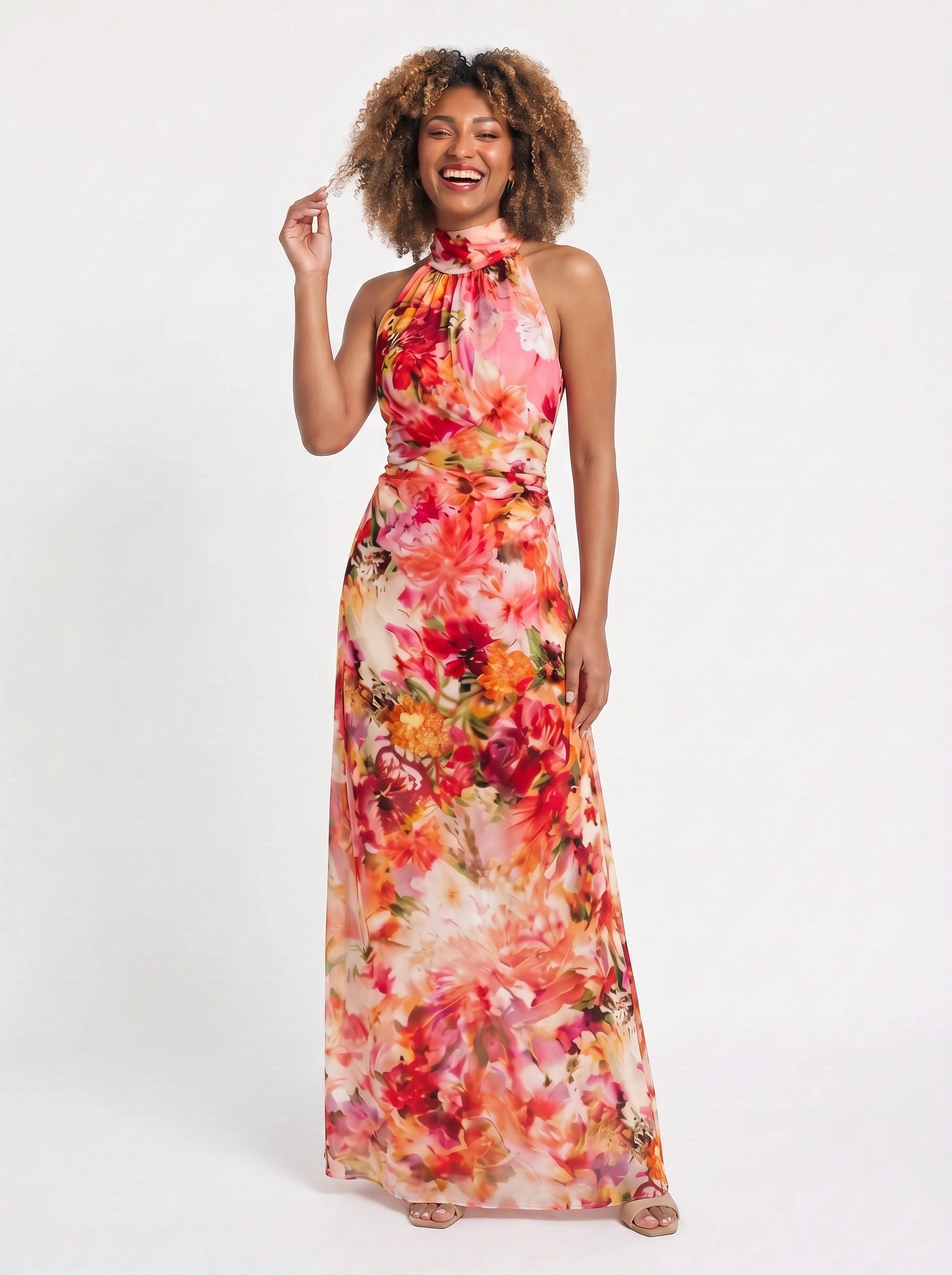 Coralia Halter Neck Floral Maxi Dress – Women Formal Wedding Guest Cocktail Evening Party Maxi Dress