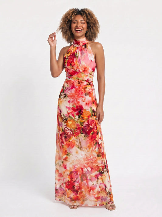 Coralia Halter Neck Floral Maxi Dress – Women Formal Wedding Guest Cocktail Evening Party Maxi Dress