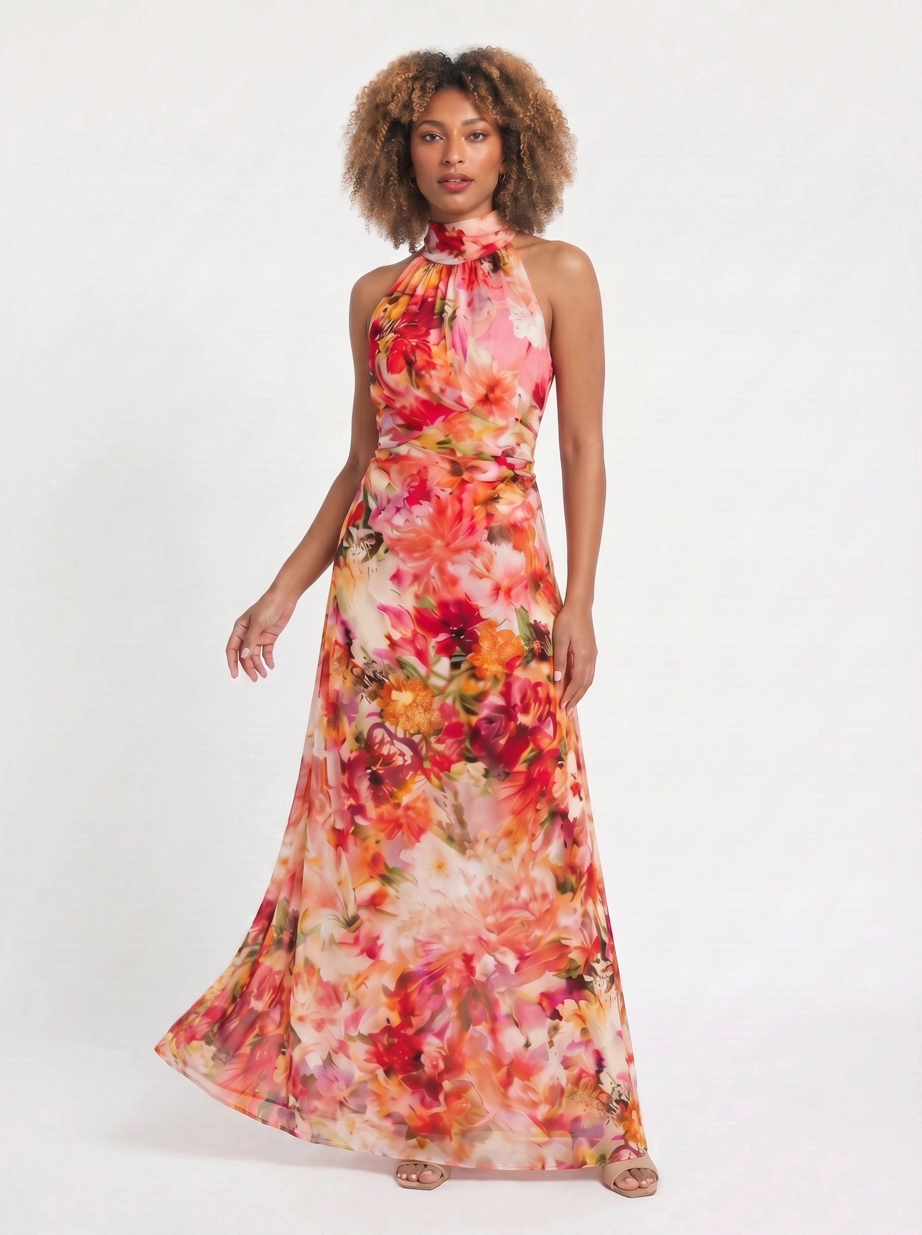 Coralia Halter Neck Floral Maxi Dress – Women Formal Wedding Guest Cocktail Evening Party Maxi Dress
