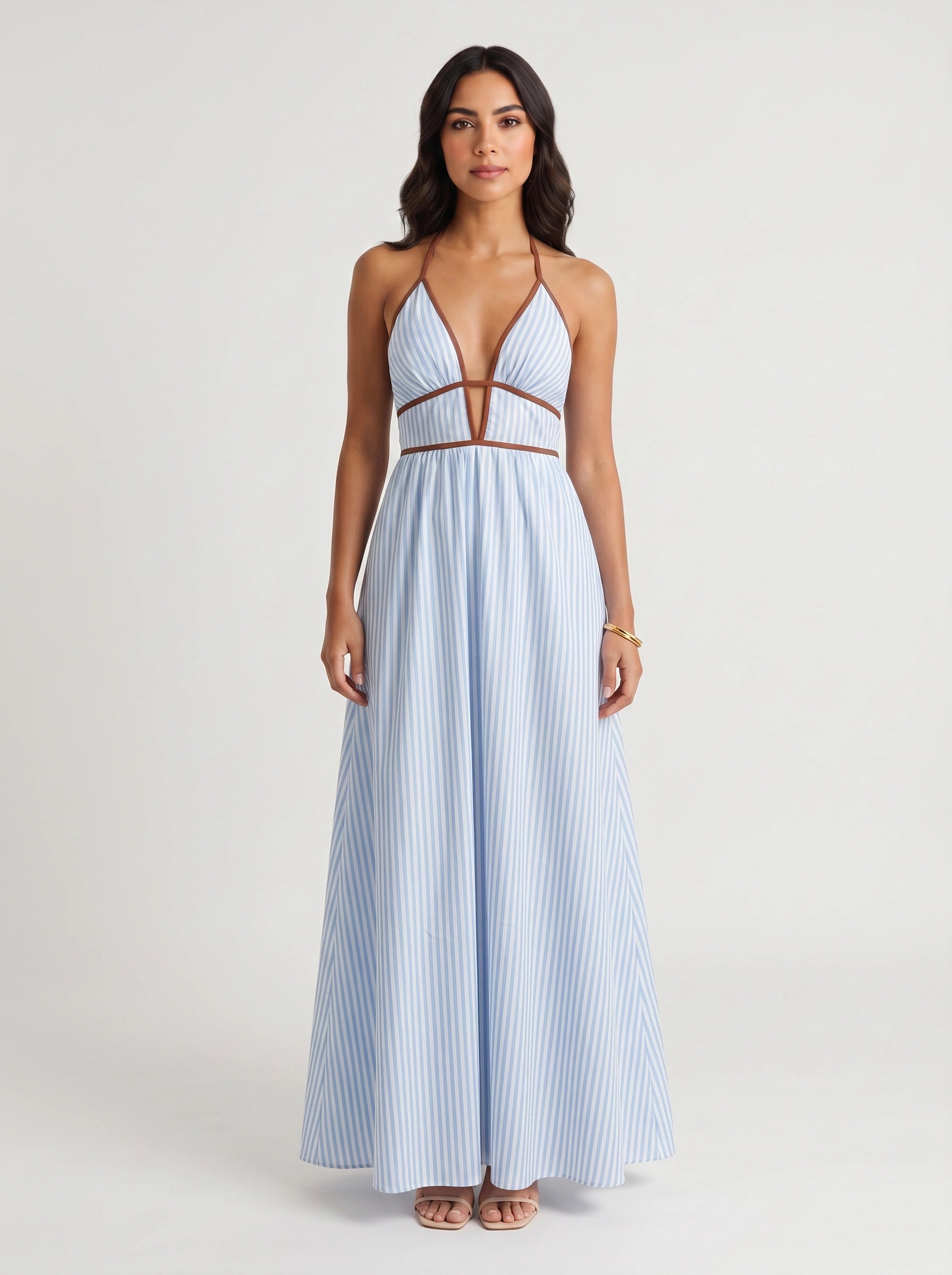 Brigatta Striped Plunge Neck Maxi Dress – Women Halter Backless Formal Cocktail Beach Vacation Maxi Dress