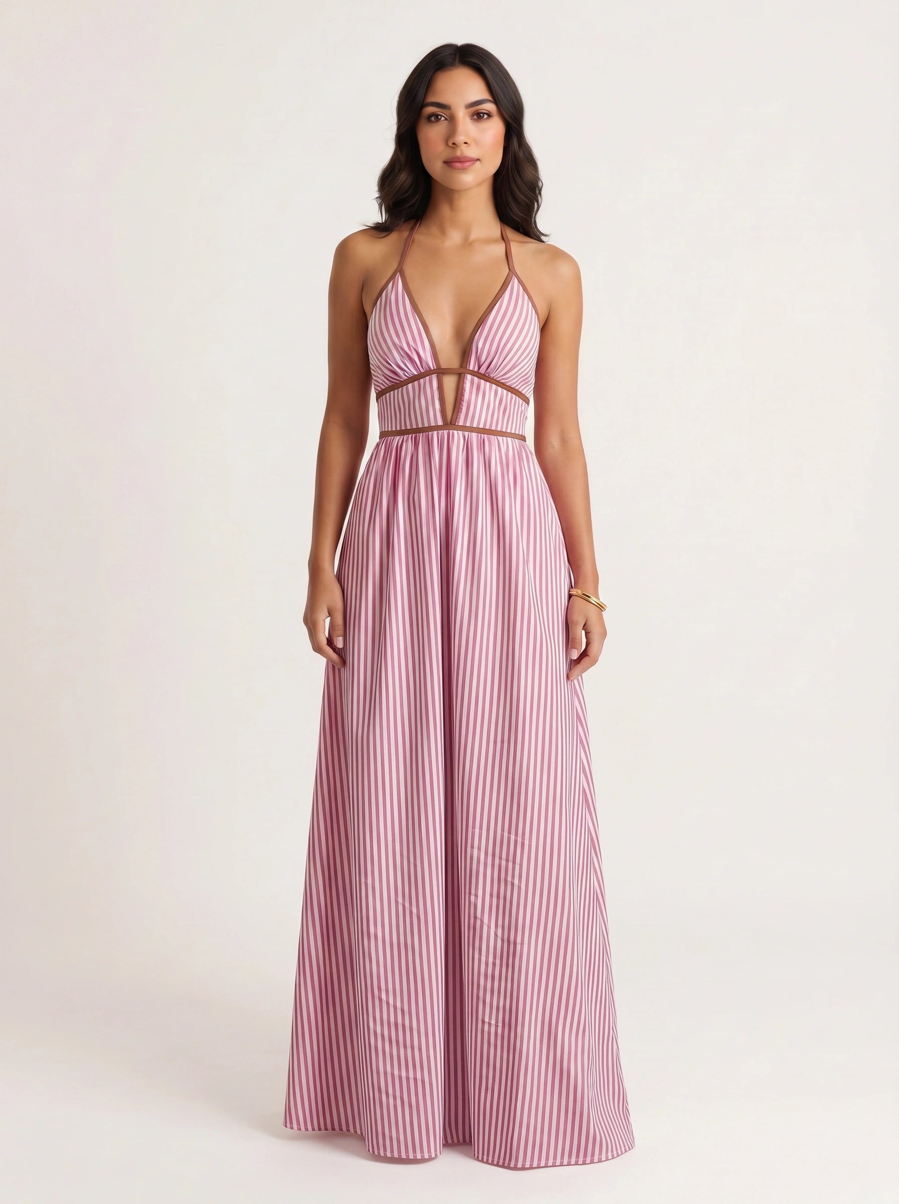 Brigatta Striped Plunge Neck Maxi Dress – Women Halter Backless Formal Cocktail Beach Vacation Maxi Dress