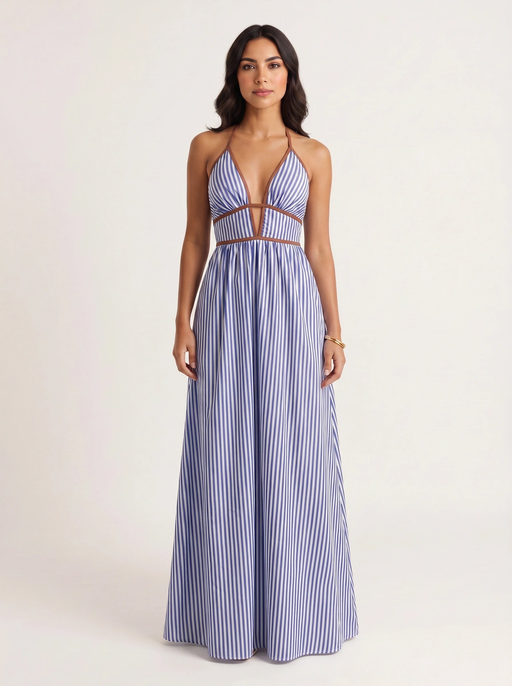 Brigatta Striped Plunge Neck Maxi Dress – Women Halter Backless Formal Cocktail Beach Vacation Maxi Dress