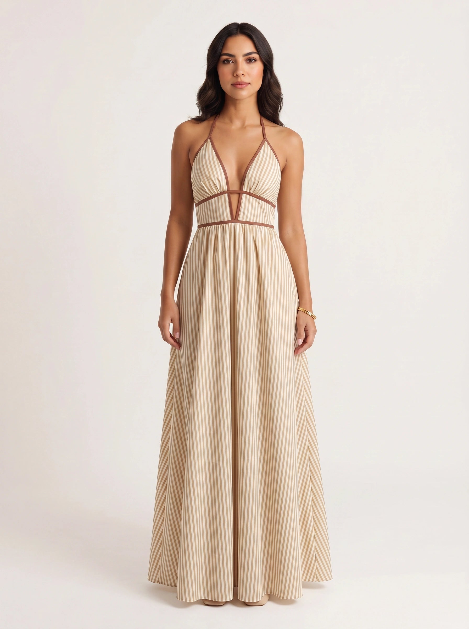 Brigatta Striped Plunge Neck Maxi Dress – Women Halter Backless Formal Cocktail Beach Vacation Maxi Dress