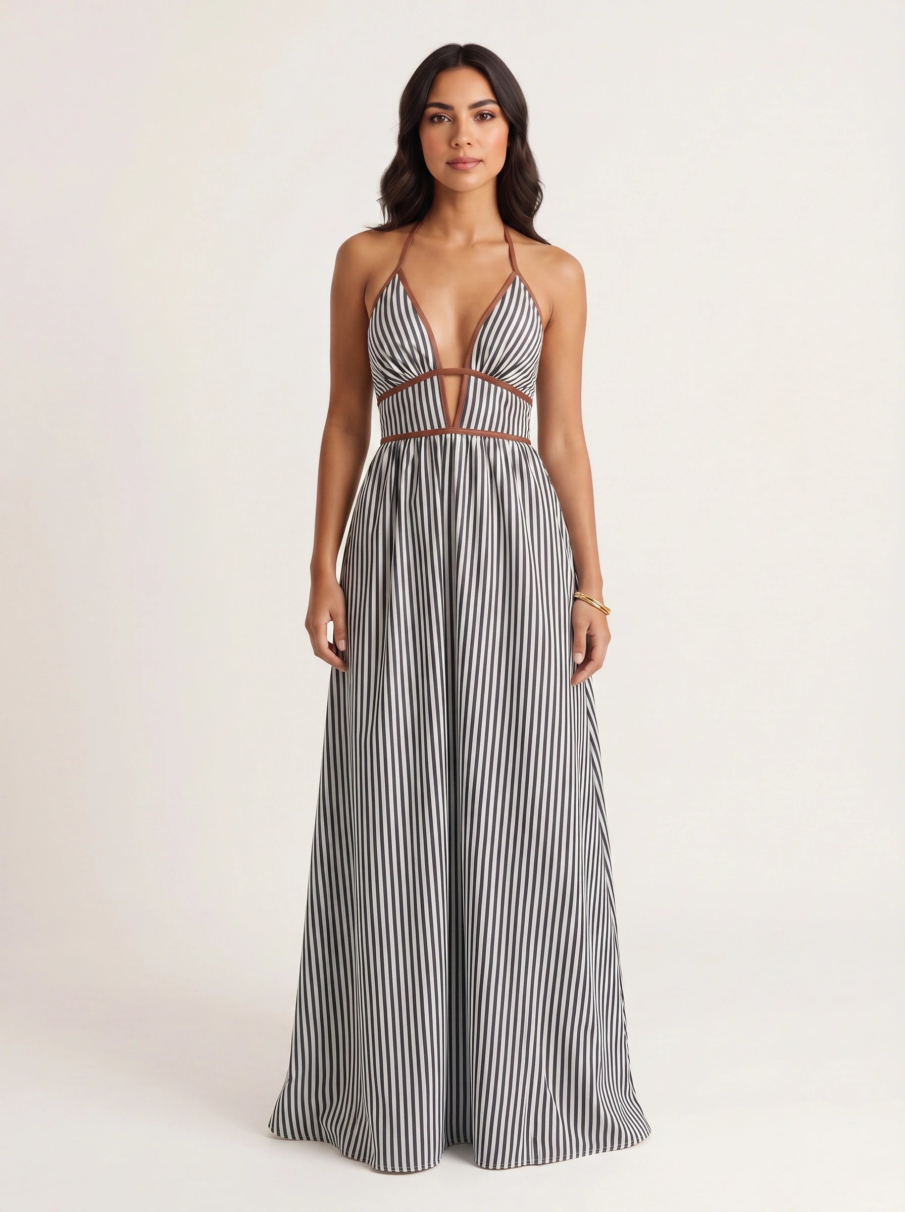Brigatta Striped Plunge Neck Maxi Dress – Women Halter Backless Formal Cocktail Beach Vacation Maxi Dress