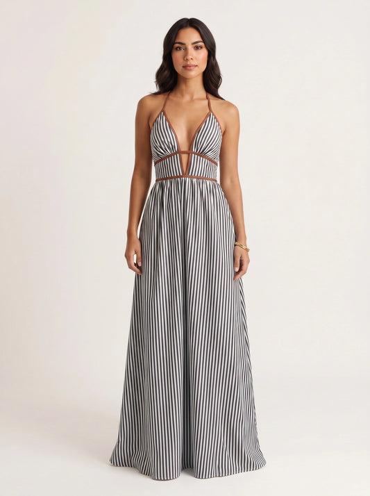 Brigatta Striped Plunge Neck Maxi Dress – Women Halter Backless Formal Cocktail Beach Vacation Maxi Dress