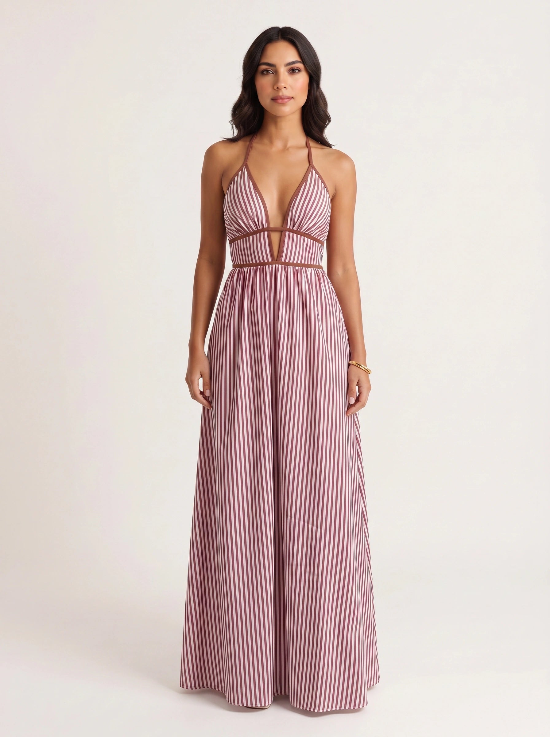 Brigatta Striped Plunge Neck Maxi Dress – Women Halter Backless Formal Cocktail Beach Vacation Maxi Dress