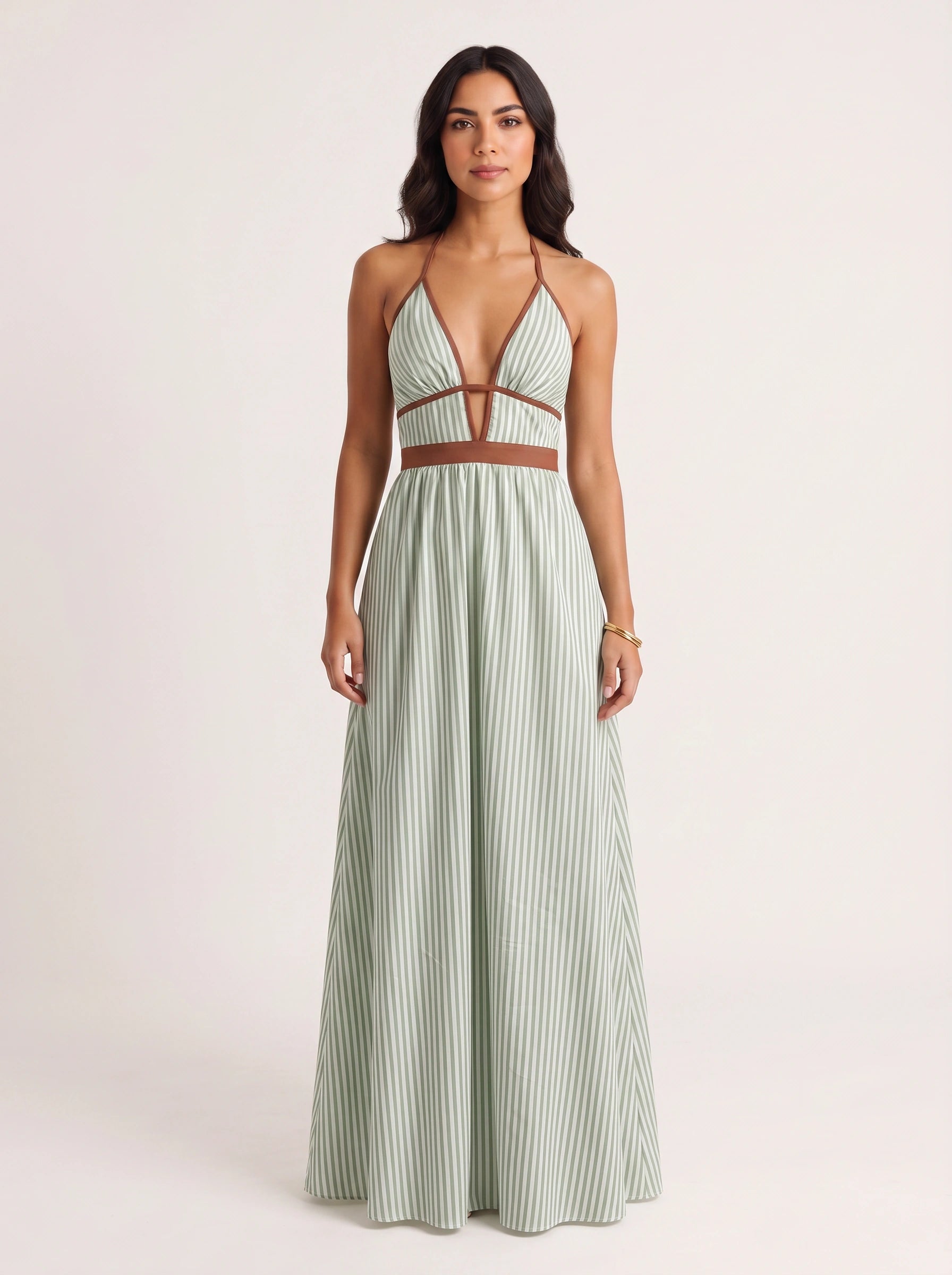 Brigatta Striped Plunge Neck Maxi Dress – Women Halter Backless Formal Cocktail Beach Vacation Maxi Dress