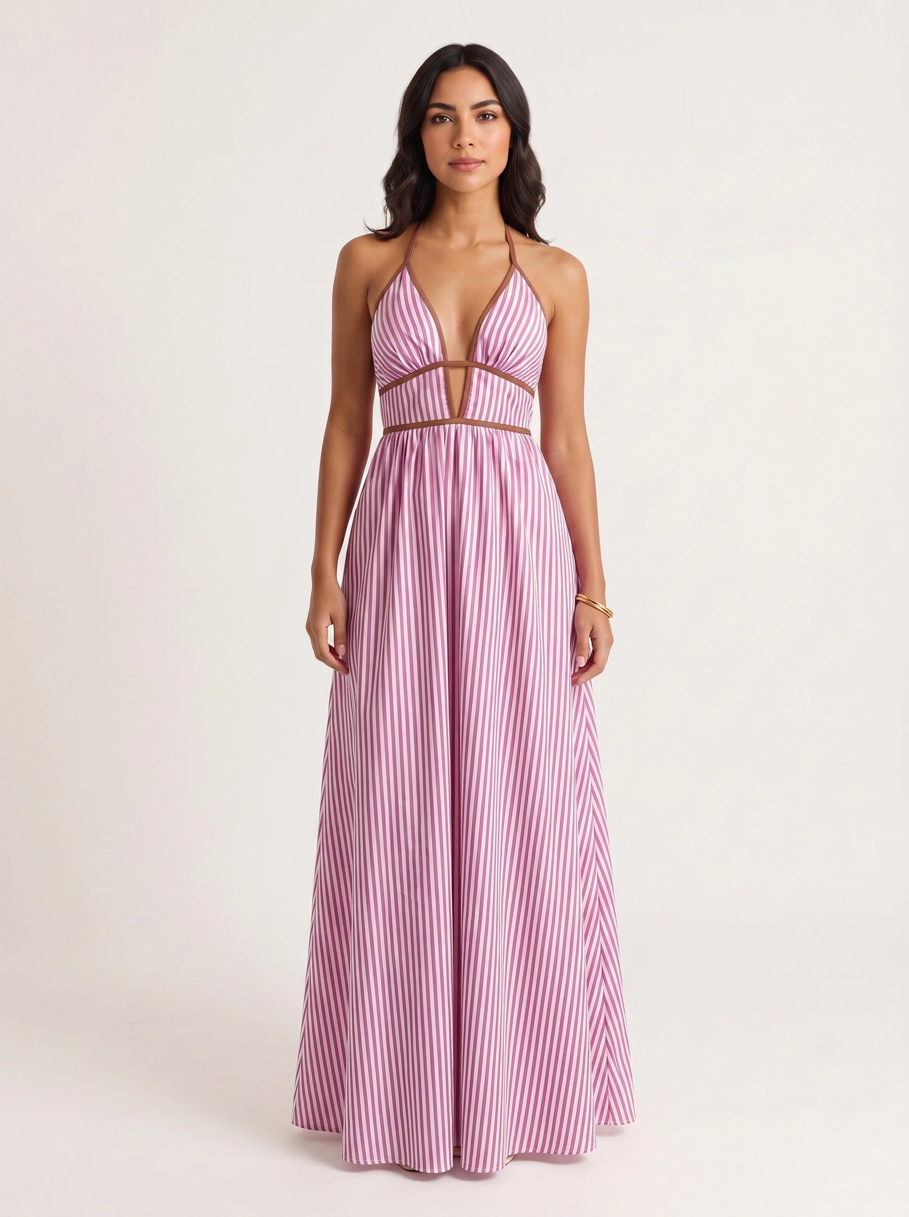 Brigatta Striped Plunge Neck Maxi Dress – Women Halter Backless Formal Cocktail Beach Vacation Maxi Dress
