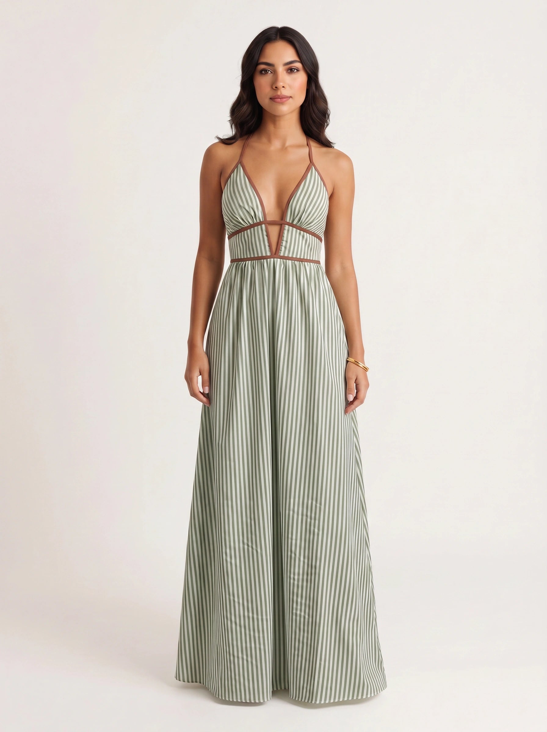 Brigatta Striped Plunge Neck Maxi Dress – Women Halter Backless Formal Cocktail Beach Vacation Maxi Dress