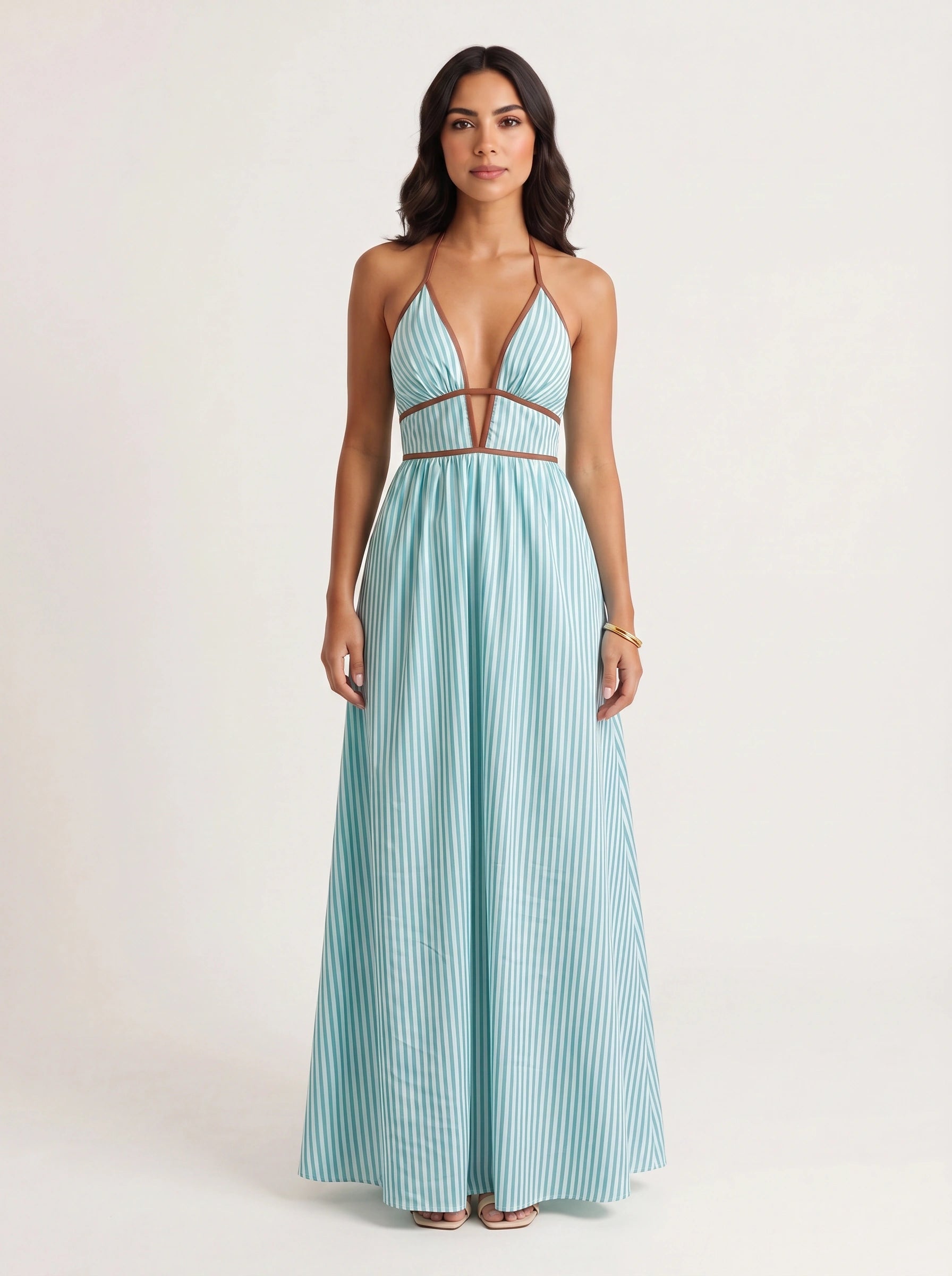 Brigatta Striped Plunge Neck Maxi Dress – Women Halter Backless Formal Cocktail Beach Vacation Maxi Dress