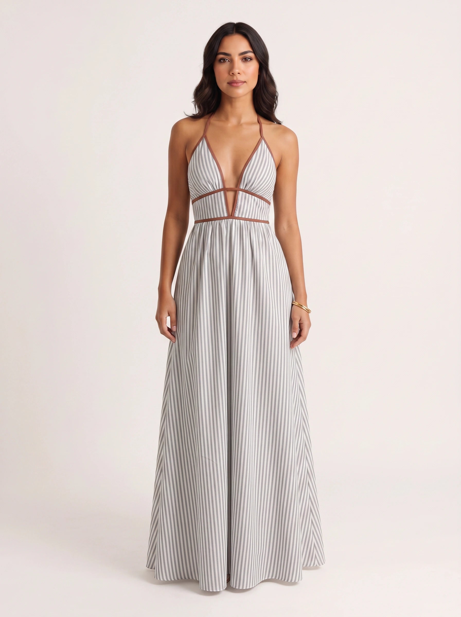 Brigatta Striped Plunge Neck Maxi Dress – Women Halter Backless Formal Cocktail Beach Vacation Maxi Dress