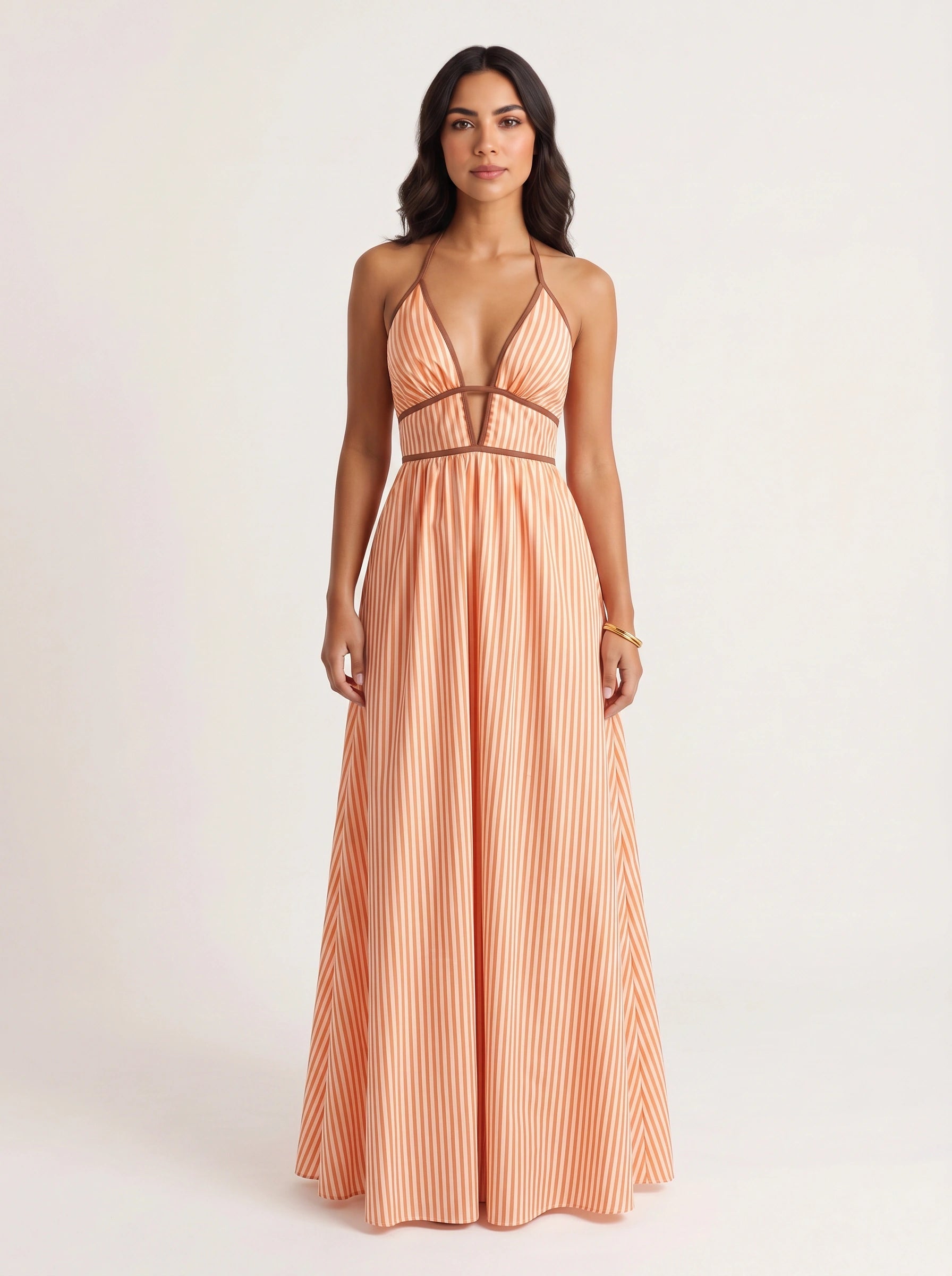 Brigatta Striped Plunge Neck Maxi Dress – Women Halter Backless Formal Cocktail Beach Vacation Maxi Dress