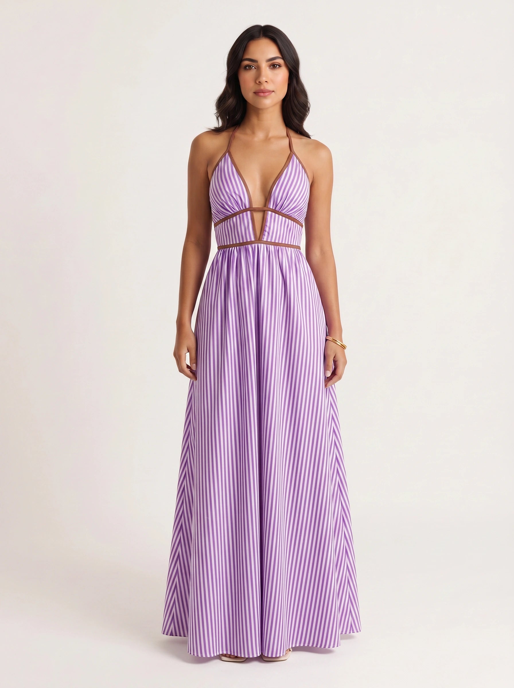 Brigatta Striped Plunge Neck Maxi Dress – Women Halter Backless Formal Cocktail Beach Vacation Maxi Dress