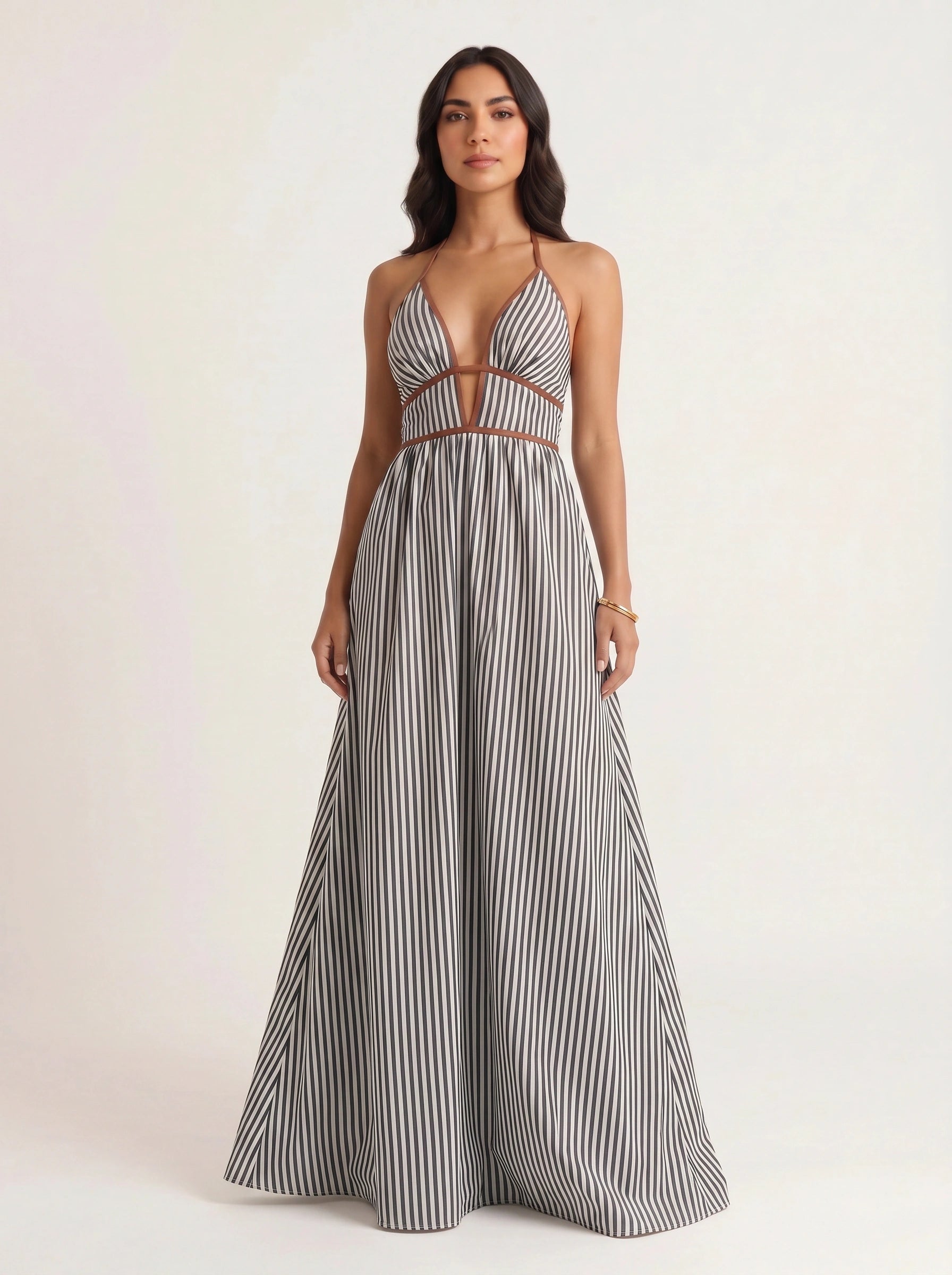 Brigatta Striped Plunge Neck Maxi Dress – Women Halter Backless Formal Cocktail Beach Vacation Maxi Dress