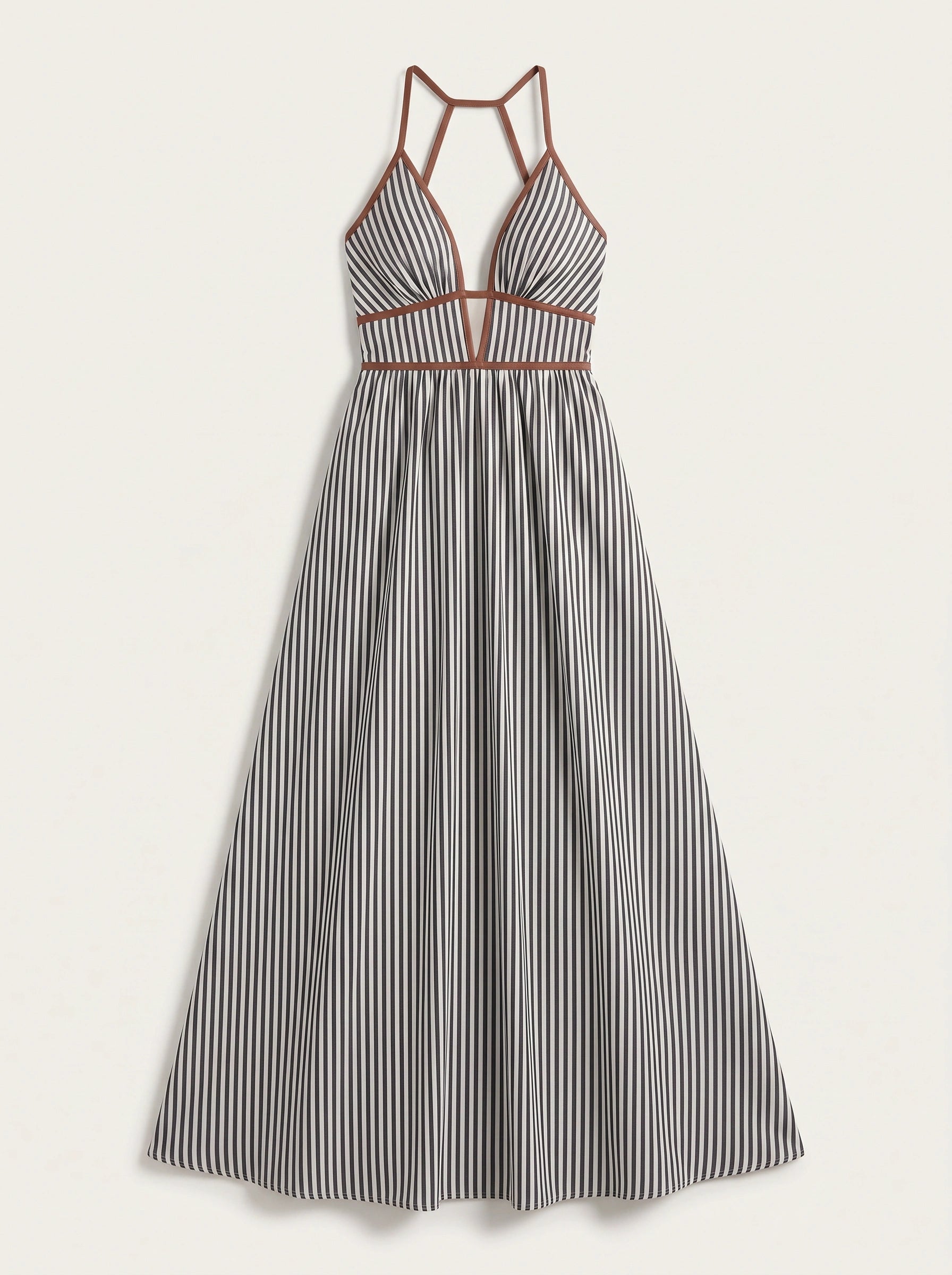 Brigatta Striped Plunge Neck Maxi Dress – Women Halter Backless Formal Cocktail Beach Vacation Maxi Dress