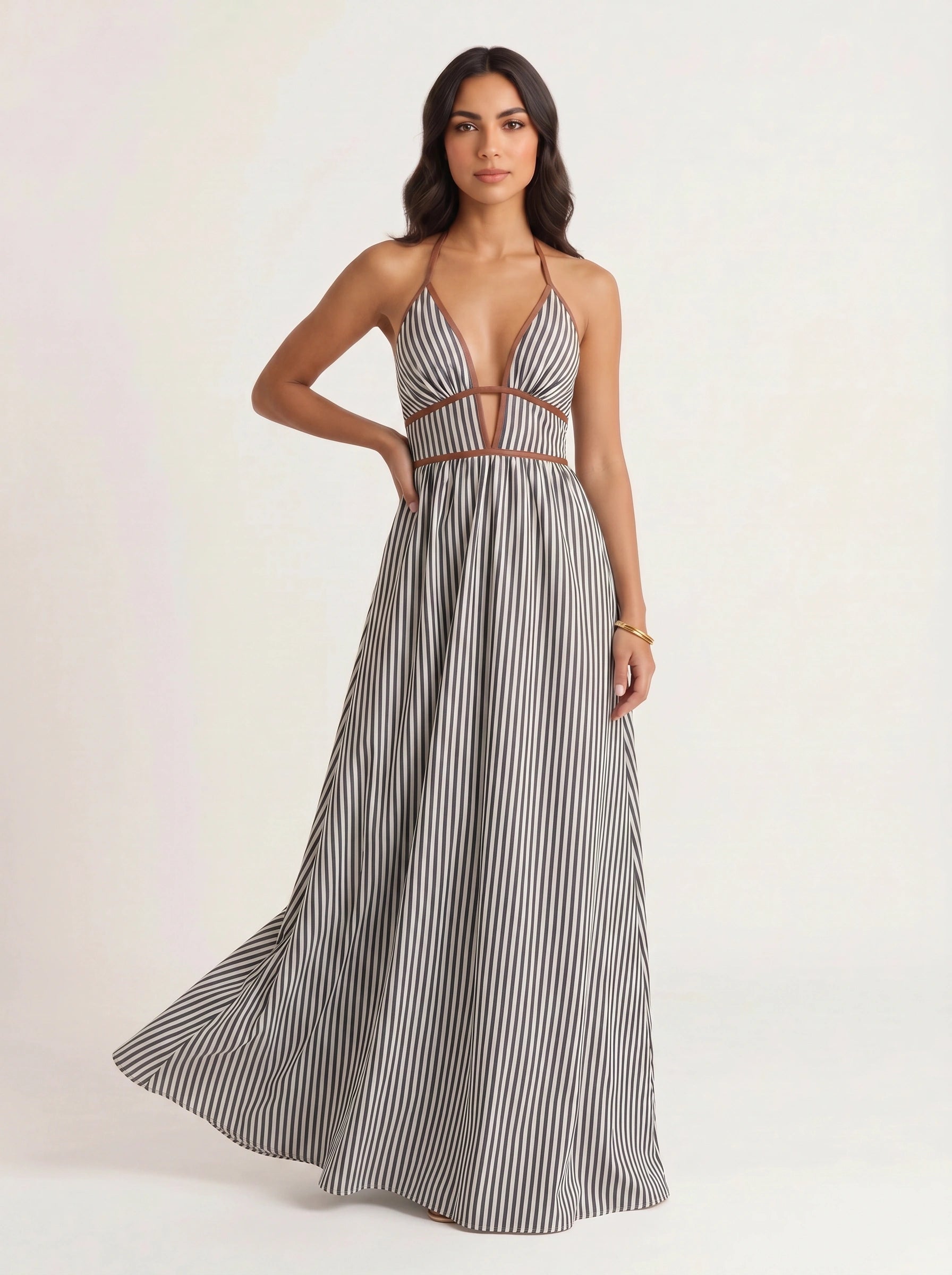 Brigatta Striped Plunge Neck Maxi Dress – Women Halter Backless Formal Cocktail Beach Vacation Maxi Dress