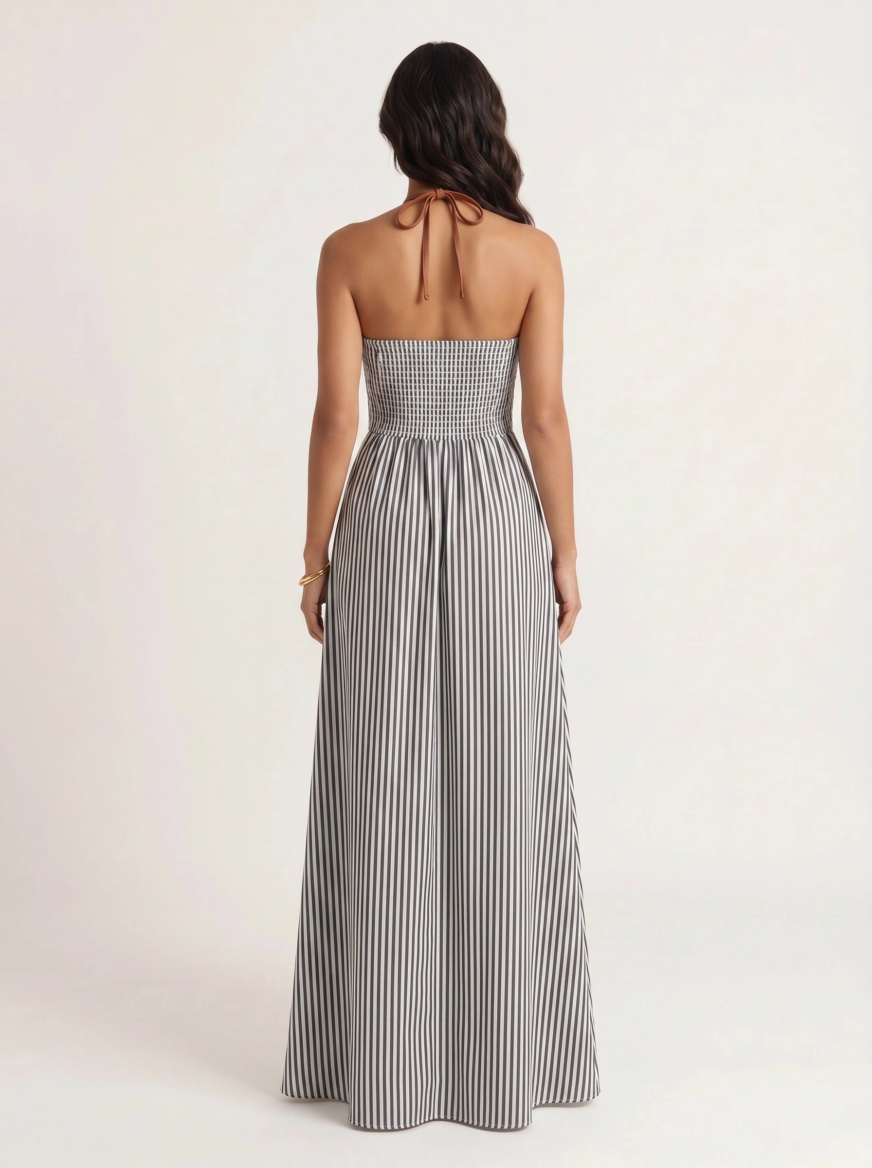 Brigatta Striped Plunge Neck Maxi Dress – Women Halter Backless Formal Cocktail Beach Vacation Maxi Dress