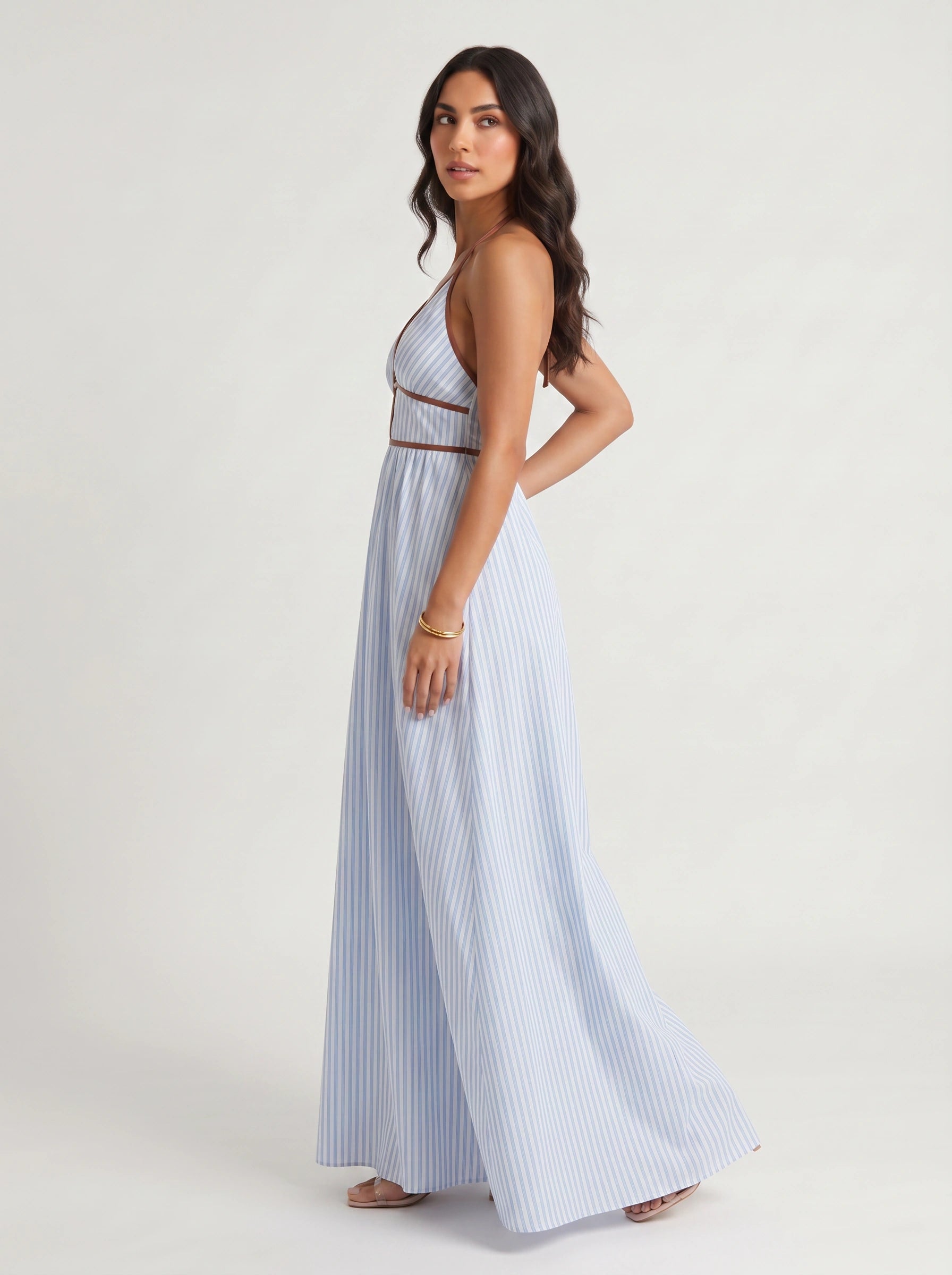 Brigatta Striped Plunge Neck Maxi Dress – Women Halter Backless Formal Cocktail Beach Vacation Maxi Dress
