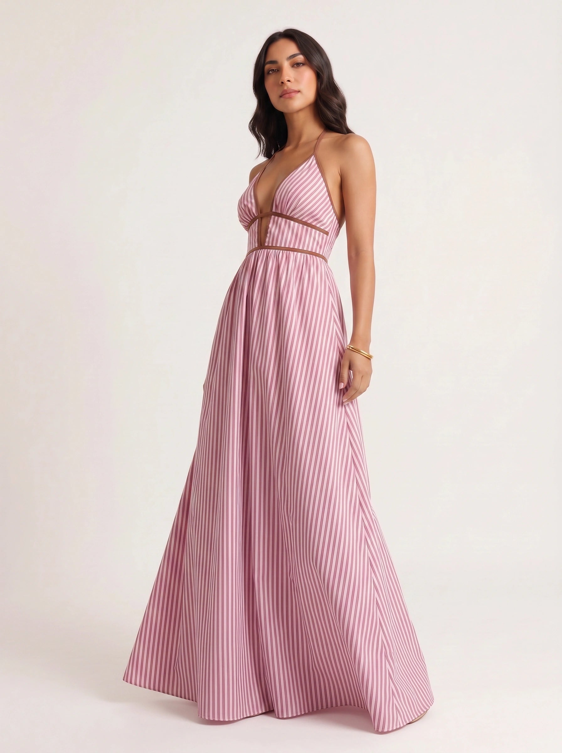 Brigatta Striped Plunge Neck Maxi Dress – Women Halter Backless Formal Cocktail Beach Vacation Maxi Dress