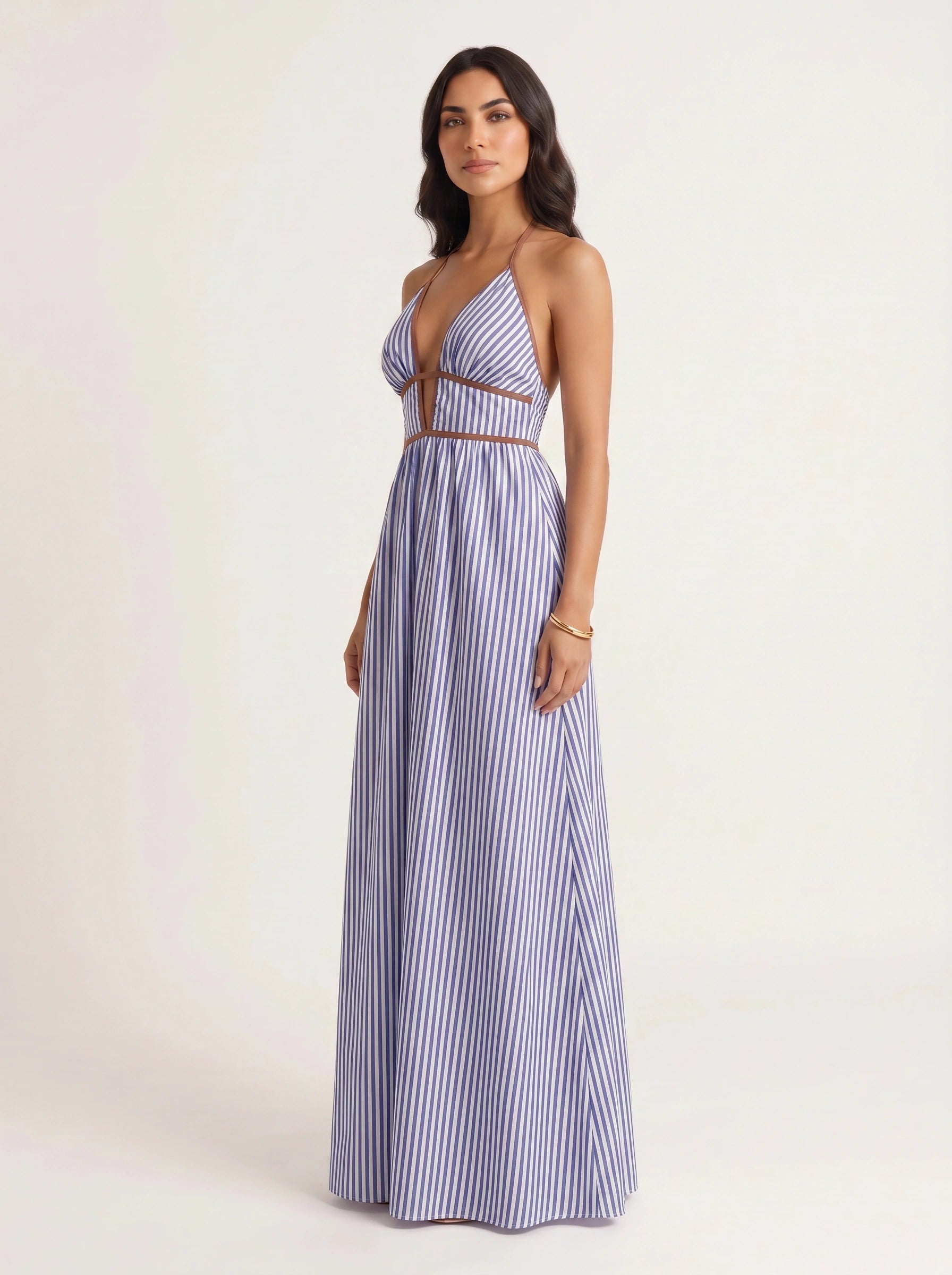 Brigatta Striped Plunge Neck Maxi Dress – Women Halter Backless Formal Cocktail Beach Vacation Maxi Dress
