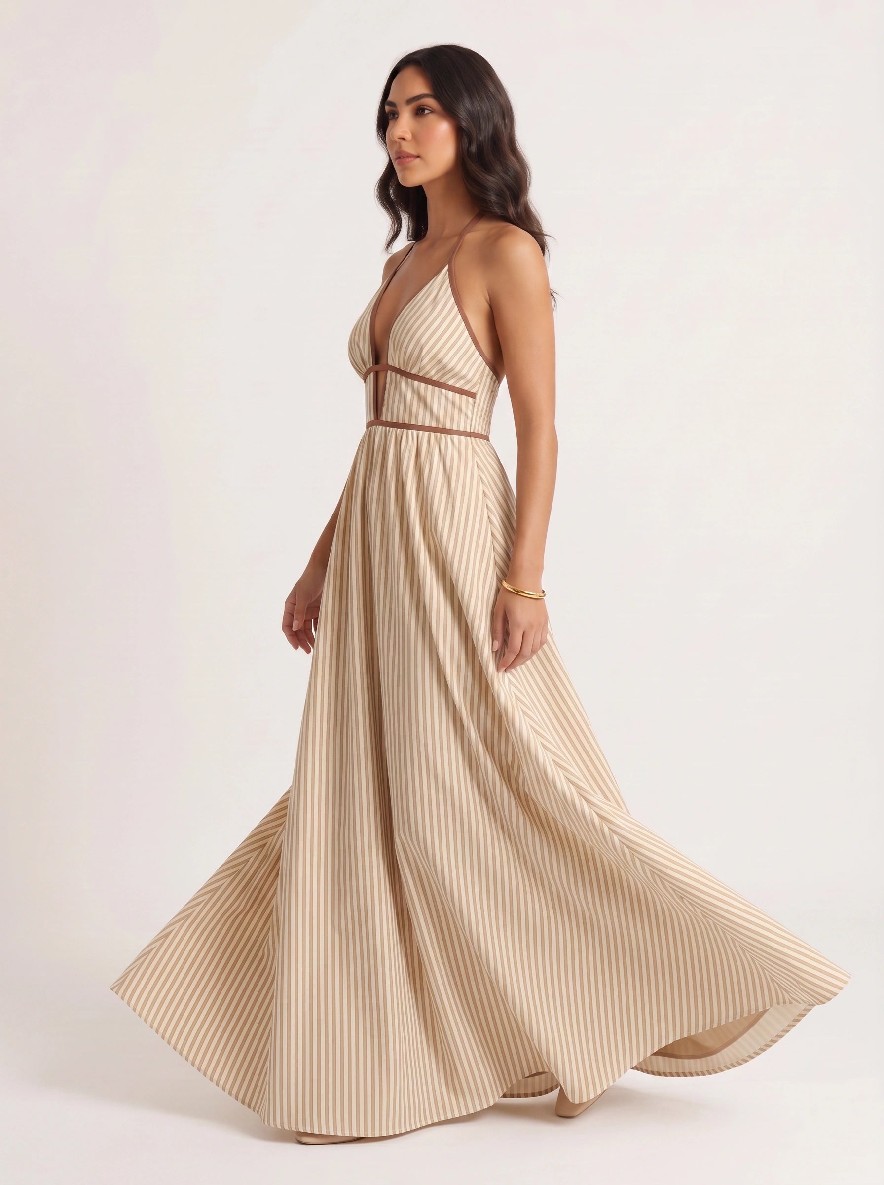 Brigatta Striped Plunge Neck Maxi Dress – Women Halter Backless Formal Cocktail Beach Vacation Maxi Dress