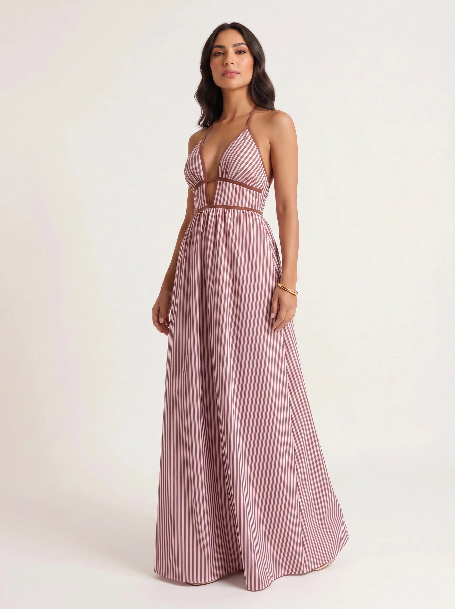 Brigatta Striped Plunge Neck Maxi Dress – Women Halter Backless Formal Cocktail Beach Vacation Maxi Dress