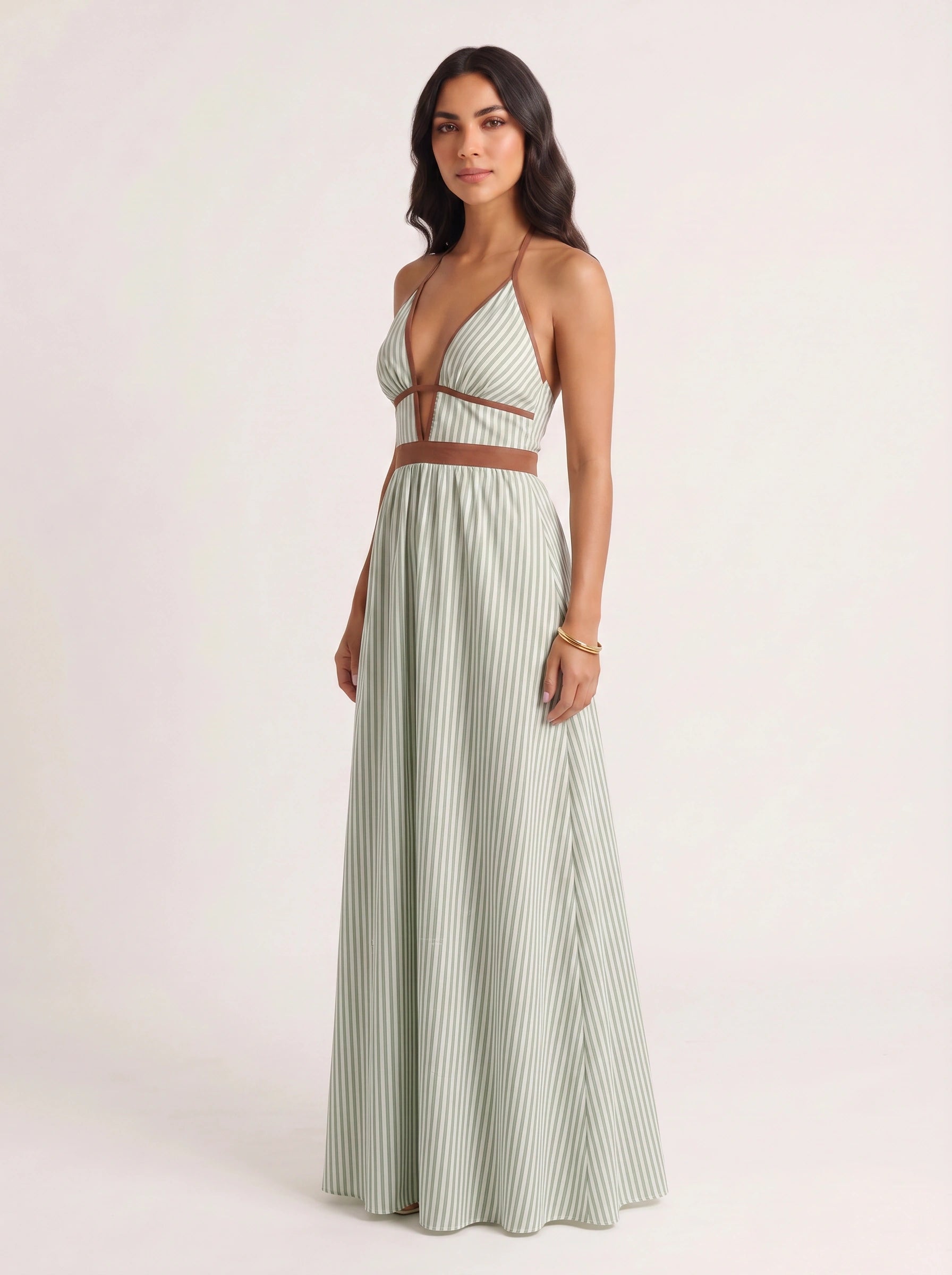 Brigatta Striped Plunge Neck Maxi Dress – Women Halter Backless Formal Cocktail Beach Vacation Maxi Dress