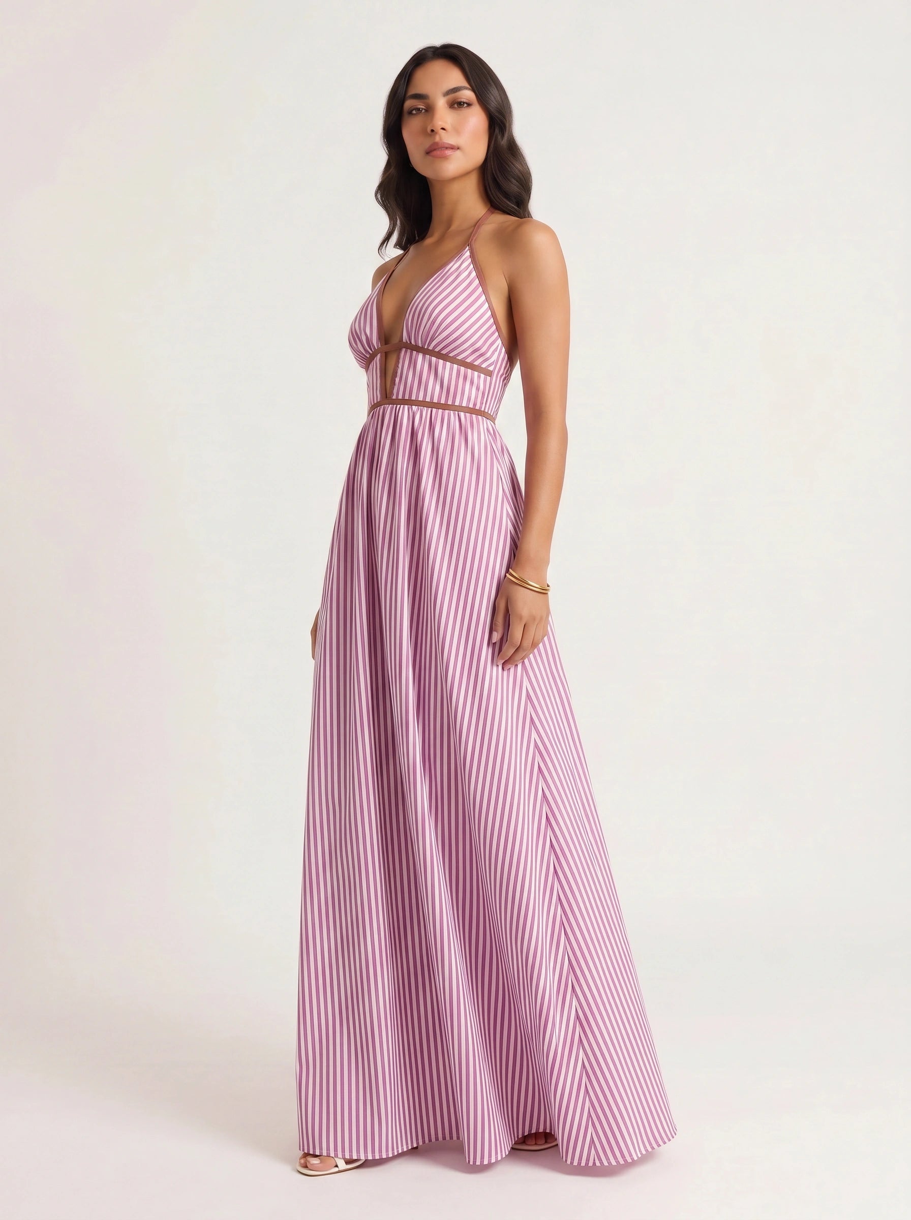 Brigatta Striped Plunge Neck Maxi Dress – Women Halter Backless Formal Cocktail Beach Vacation Maxi Dress