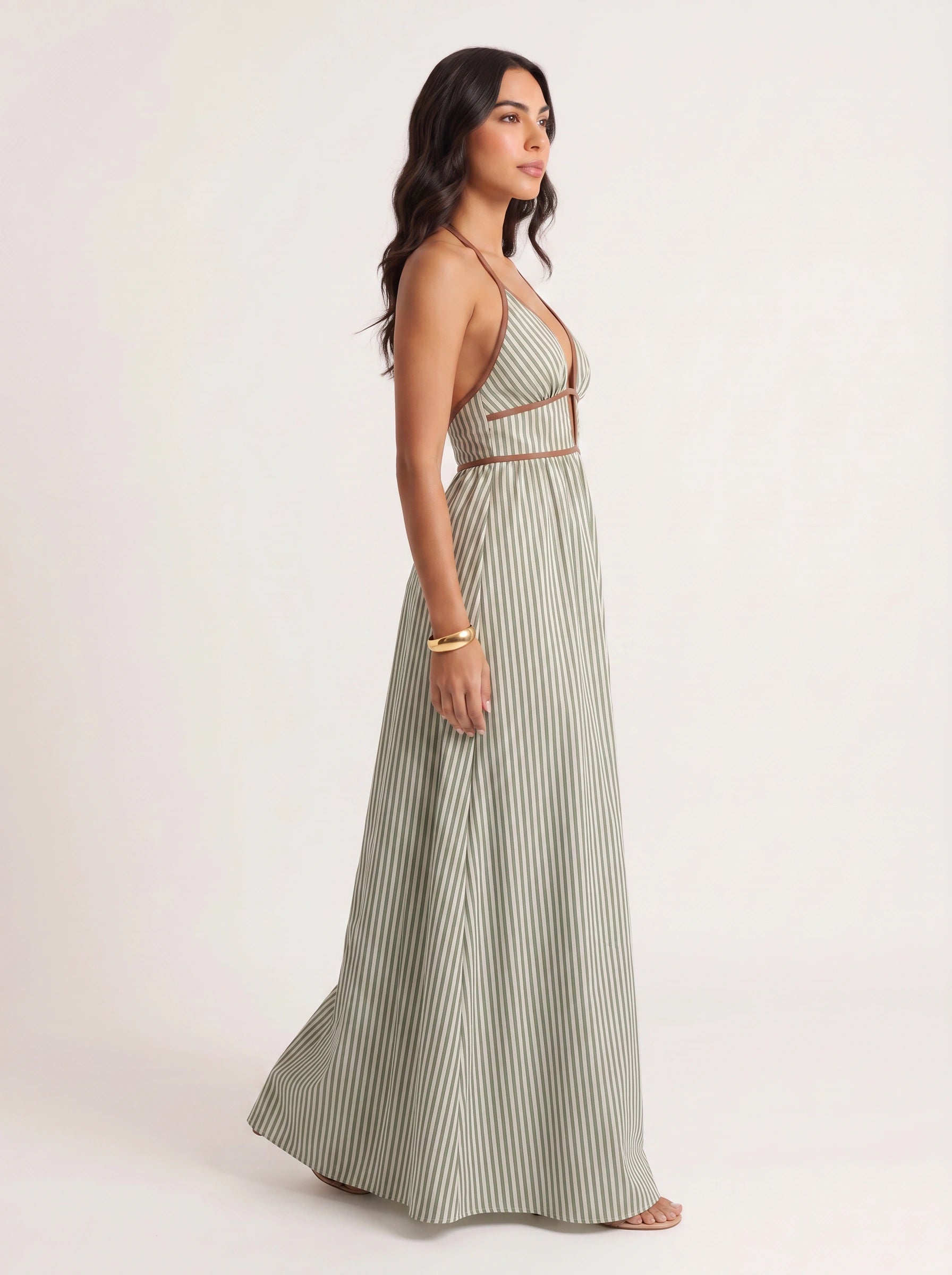 Brigatta Striped Plunge Neck Maxi Dress – Women Halter Backless Formal Cocktail Beach Vacation Maxi Dress