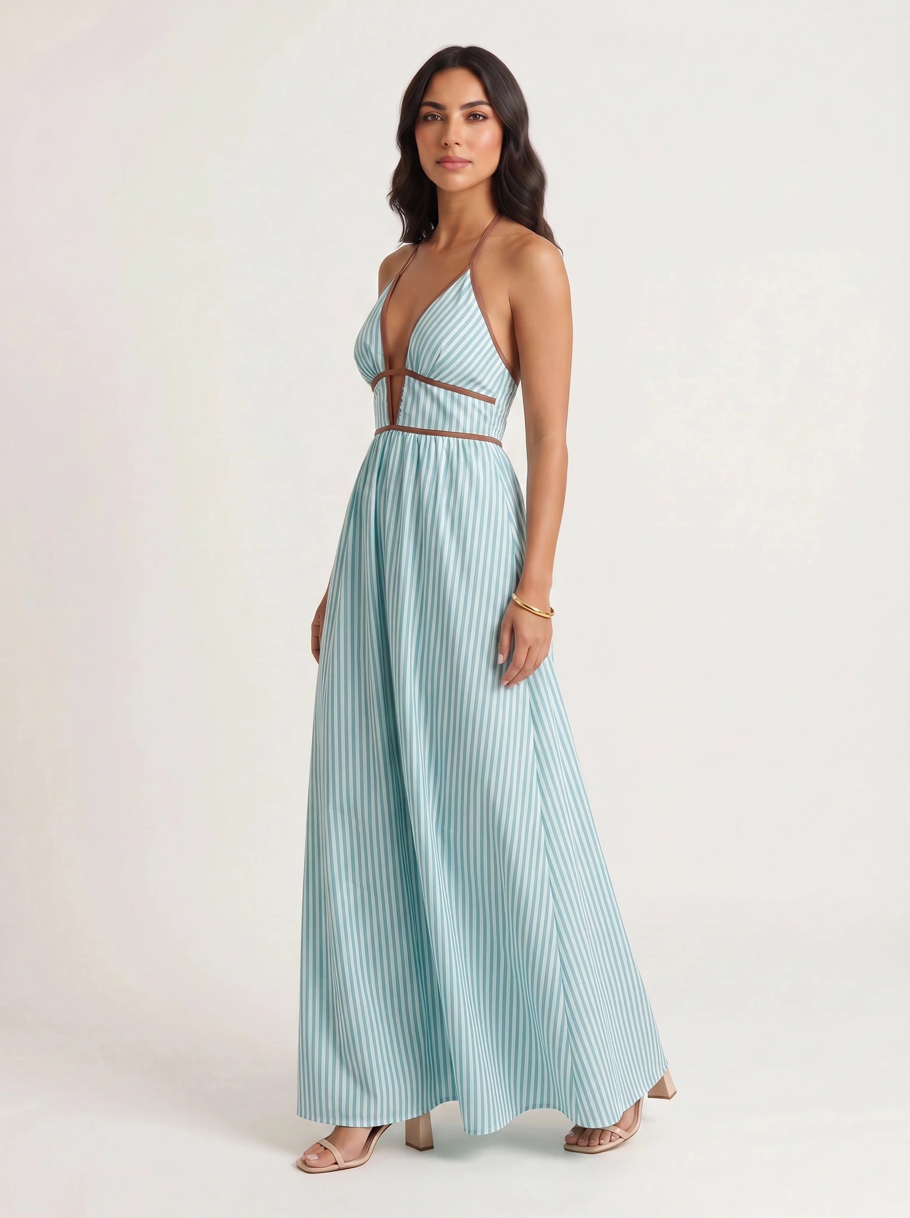 Brigatta Striped Plunge Neck Maxi Dress – Women Halter Backless Formal Cocktail Beach Vacation Maxi Dress