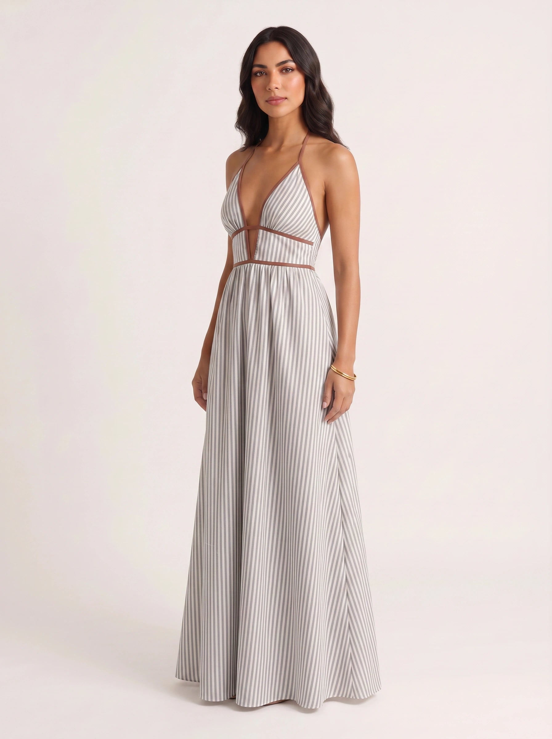 Brigatta Striped Plunge Neck Maxi Dress – Women Halter Backless Formal Cocktail Beach Vacation Maxi Dress