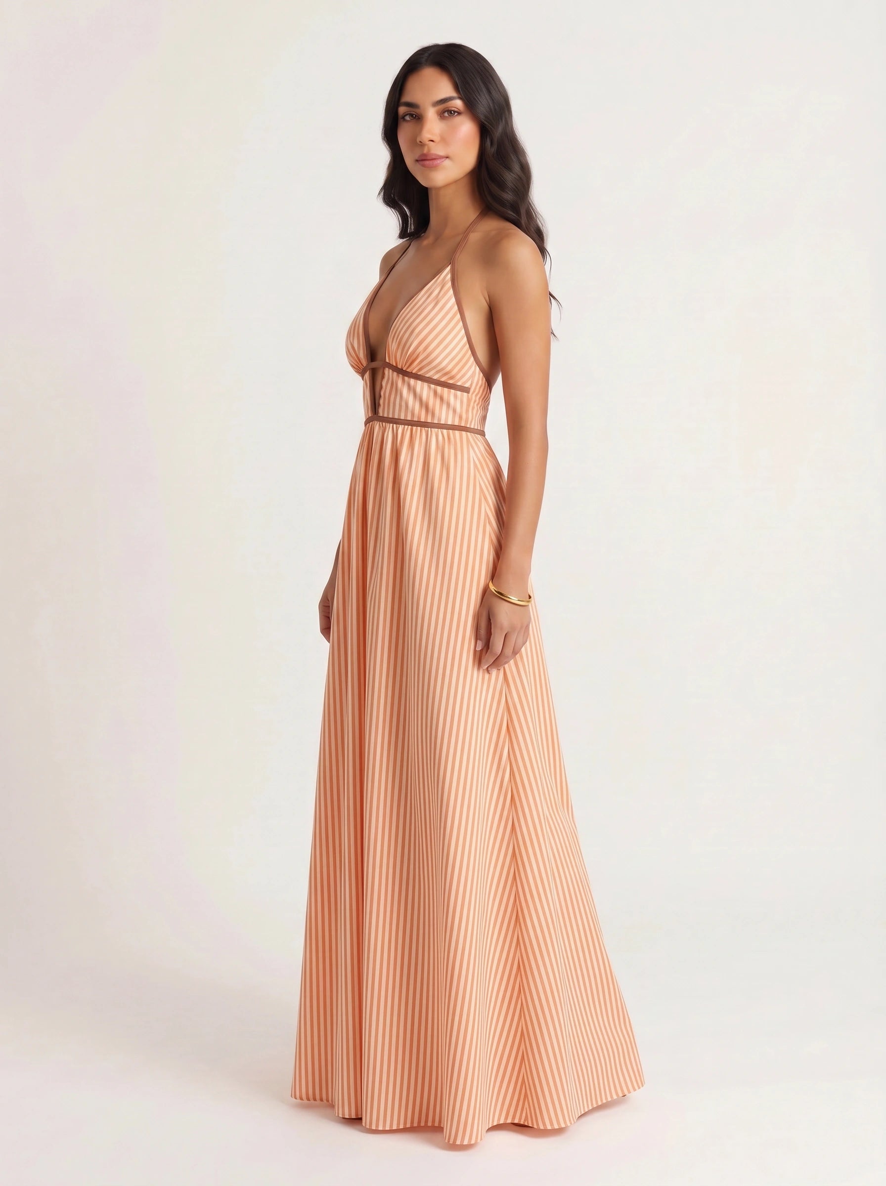 Brigatta Striped Plunge Neck Maxi Dress – Women Halter Backless Formal Cocktail Beach Vacation Maxi Dress