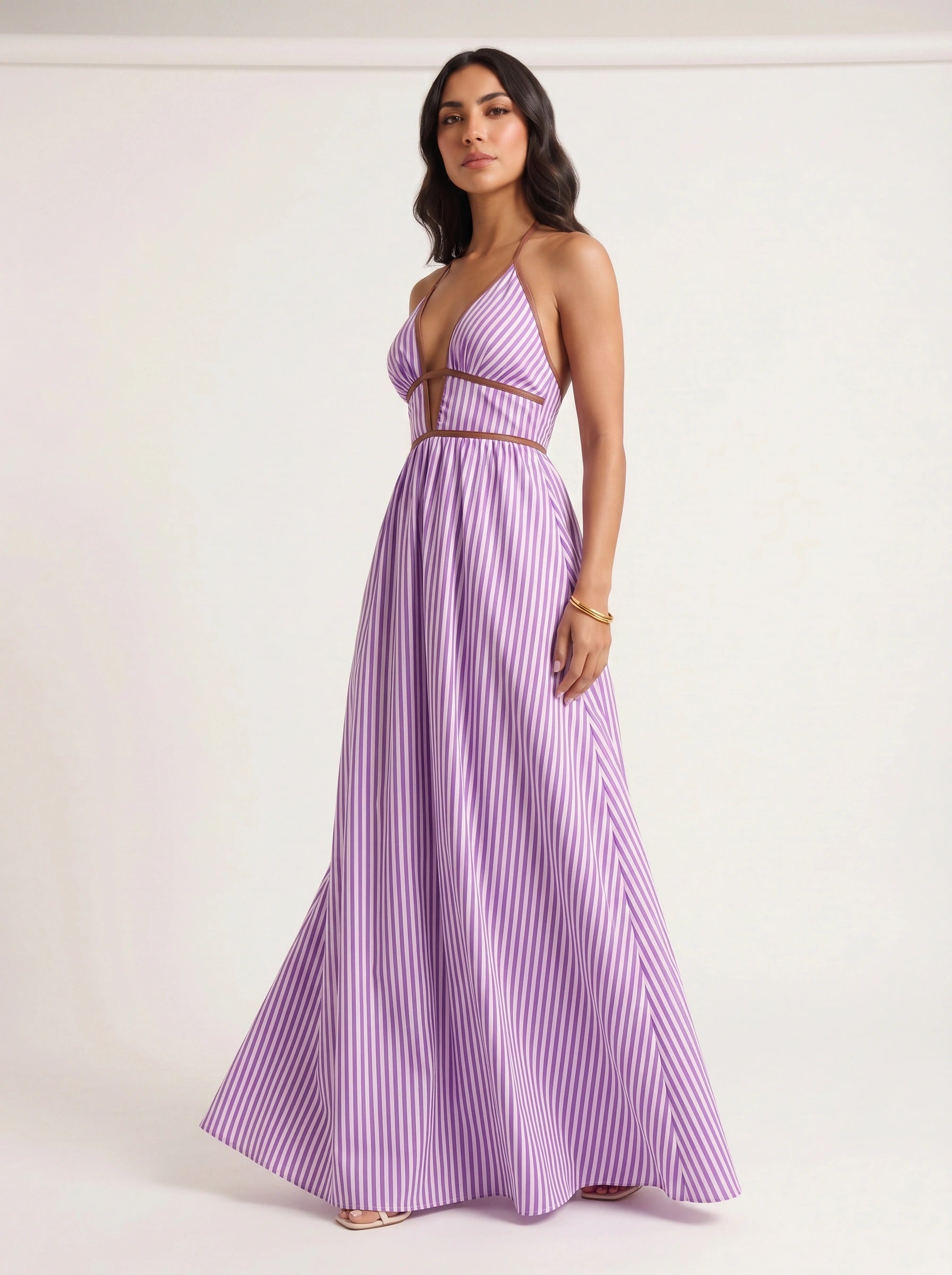 Brigatta Striped Plunge Neck Maxi Dress – Women Halter Backless Formal Cocktail Beach Vacation Maxi Dress