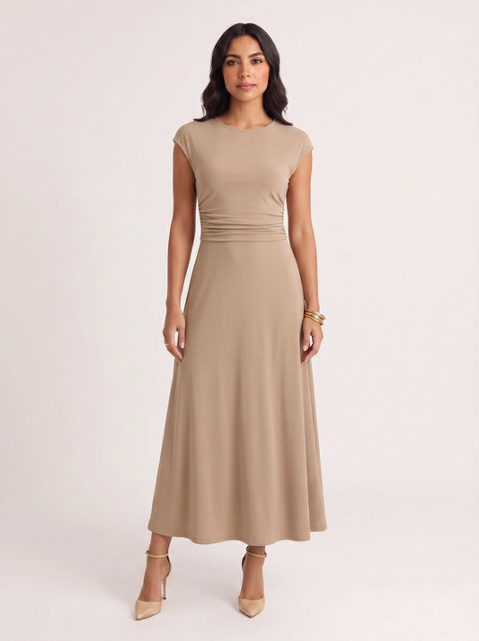 Ruccia Cap Sleeve Ruched Waist Maxi Dress – Women Formal Wedding Guest Elegant Evening Maxi Dress