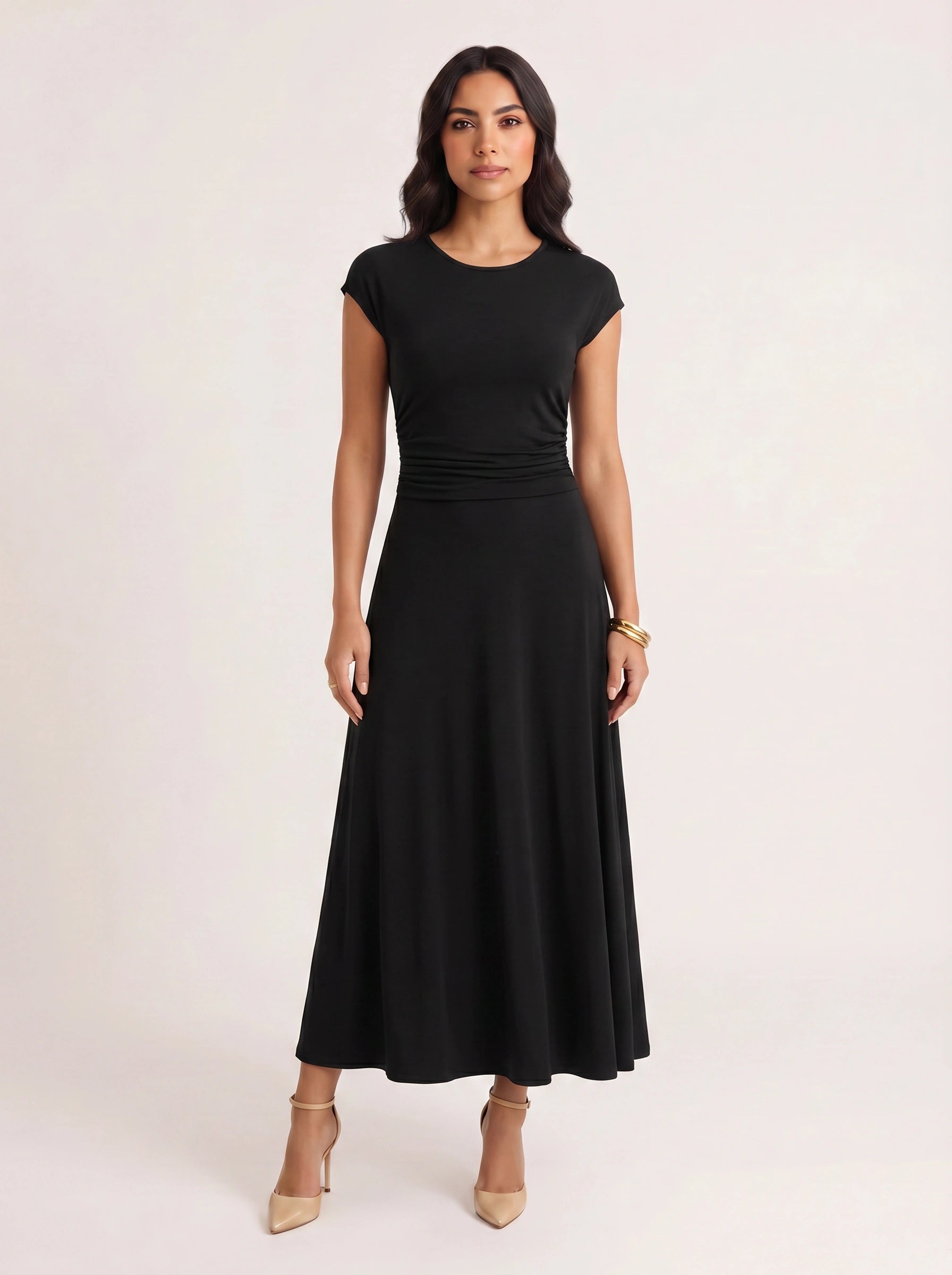Ruccia Cap Sleeve Ruched Waist Maxi Dress – Women Formal Wedding Guest Elegant Evening Maxi Dress