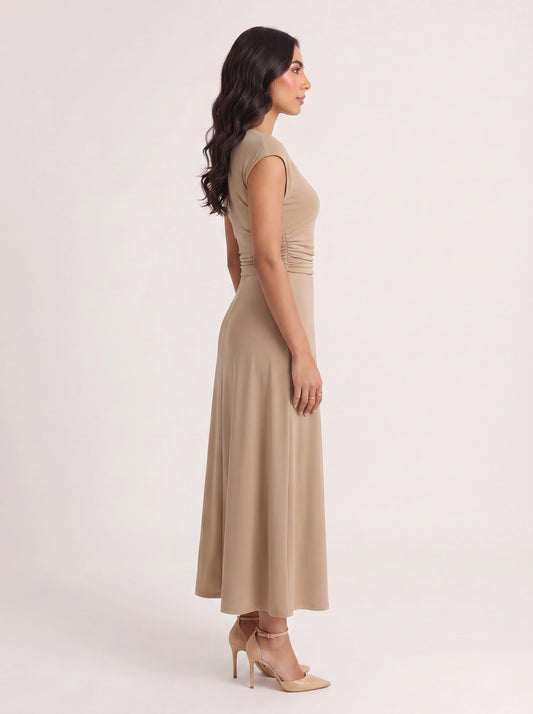 Ruccia Cap Sleeve Ruched Waist Maxi Dress – Women Formal Wedding Guest Elegant Evening Maxi Dress