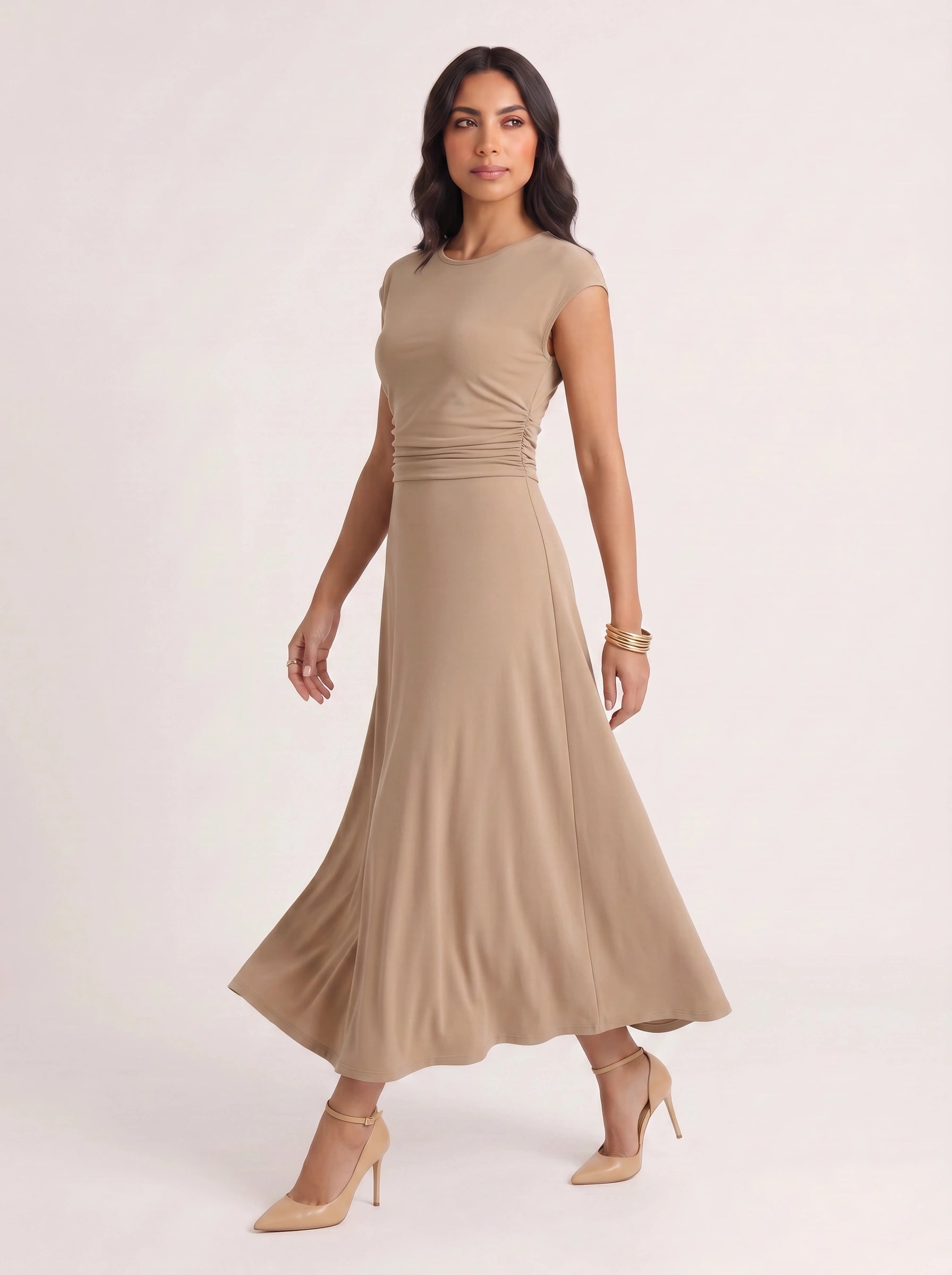 Ruccia Cap Sleeve Ruched Waist Maxi Dress – Women Formal Wedding Guest Elegant Evening Maxi Dress