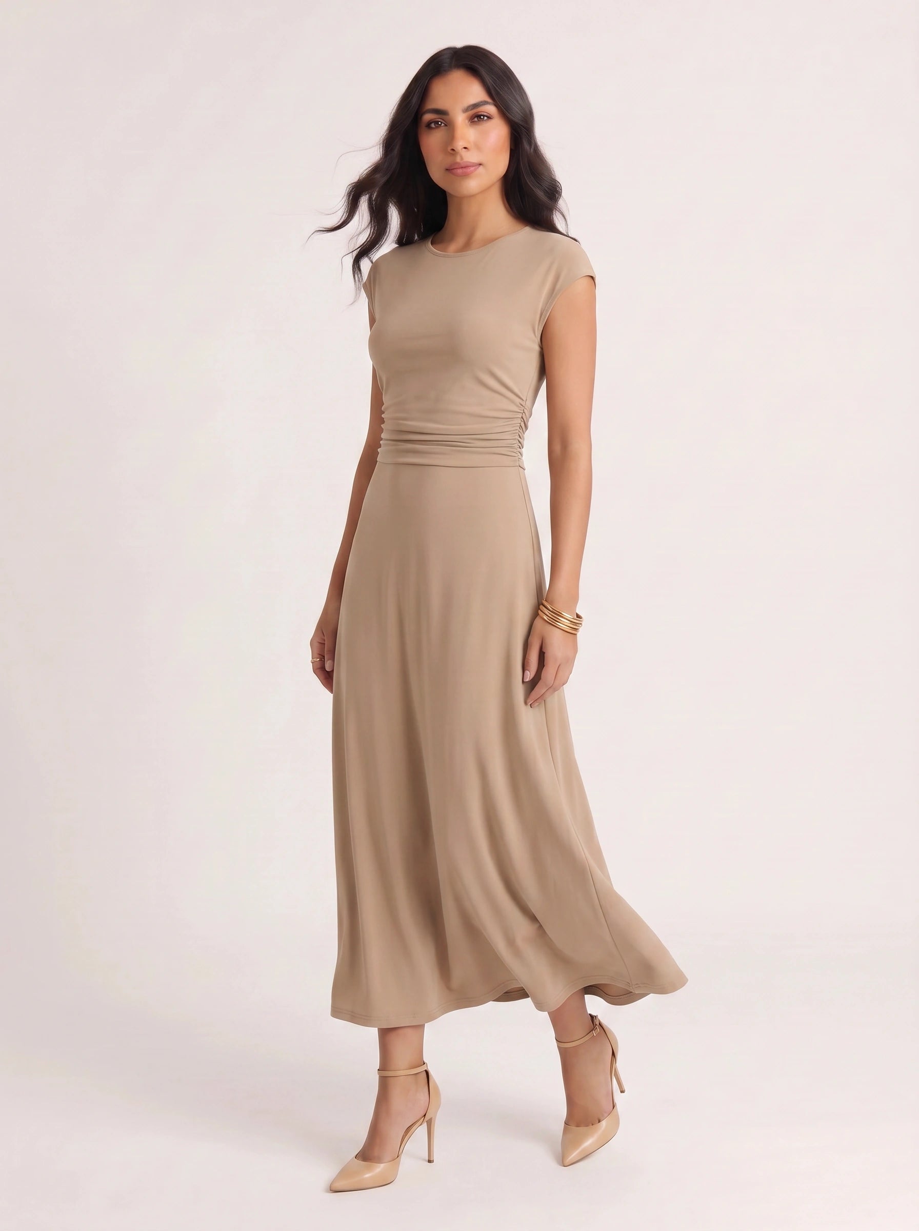 Ruccia Cap Sleeve Ruched Waist Maxi Dress – Women Formal Wedding Guest Elegant Evening Maxi Dress