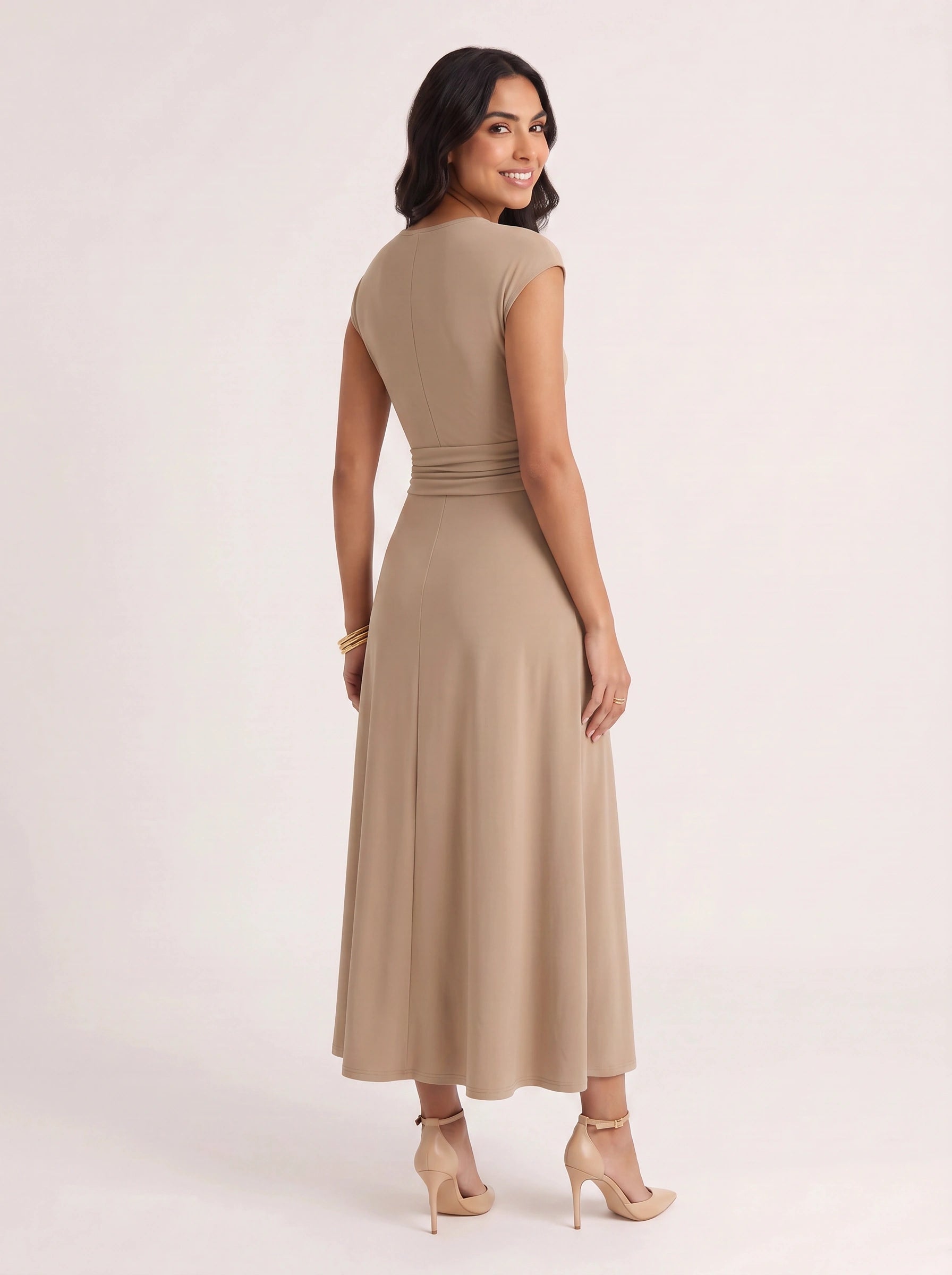 Ruccia Cap Sleeve Ruched Waist Maxi Dress – Women Formal Wedding Guest Elegant Evening Maxi Dress