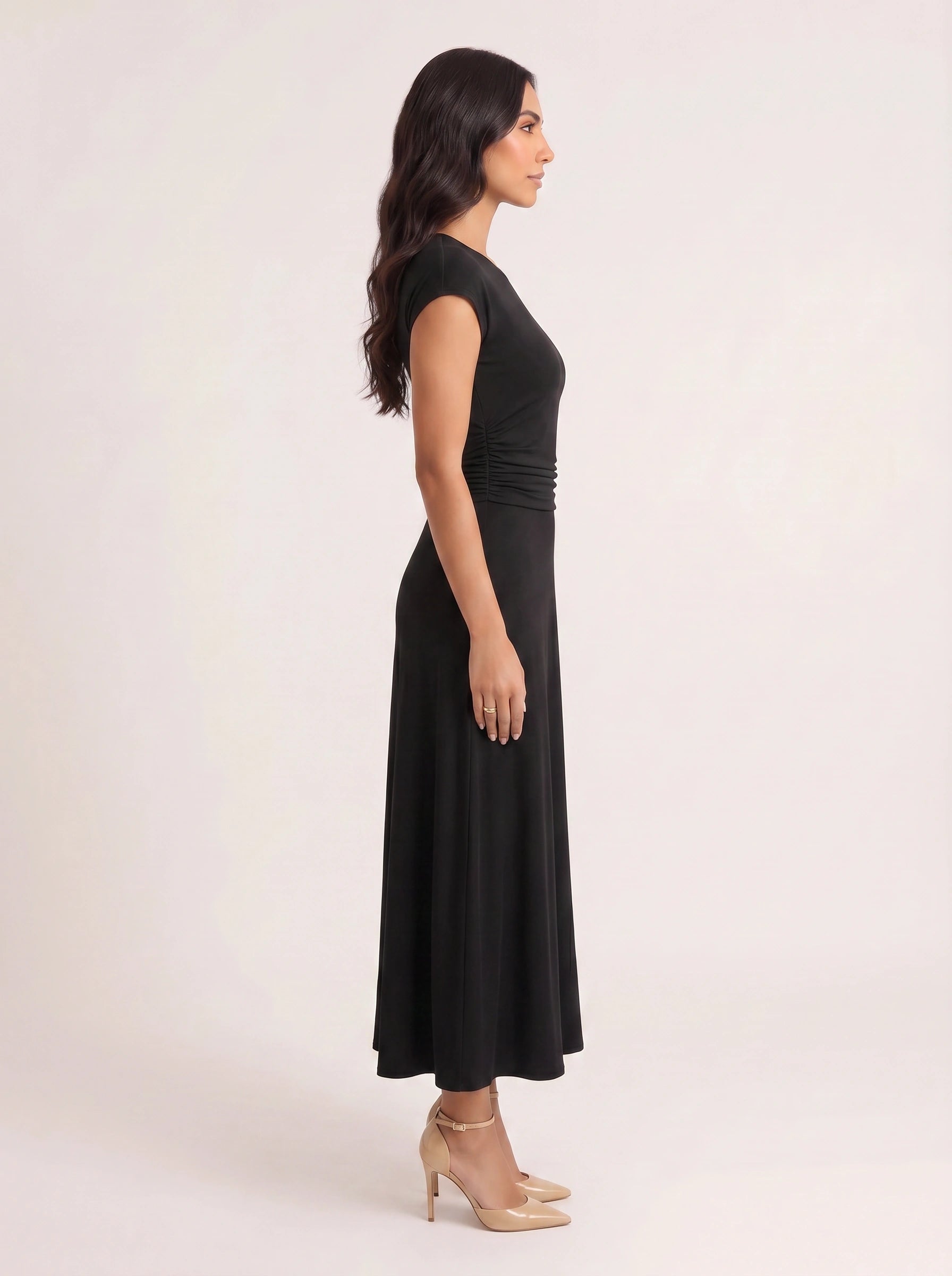 Ruccia Cap Sleeve Ruched Waist Maxi Dress – Women Formal Wedding Guest Elegant Evening Maxi Dress