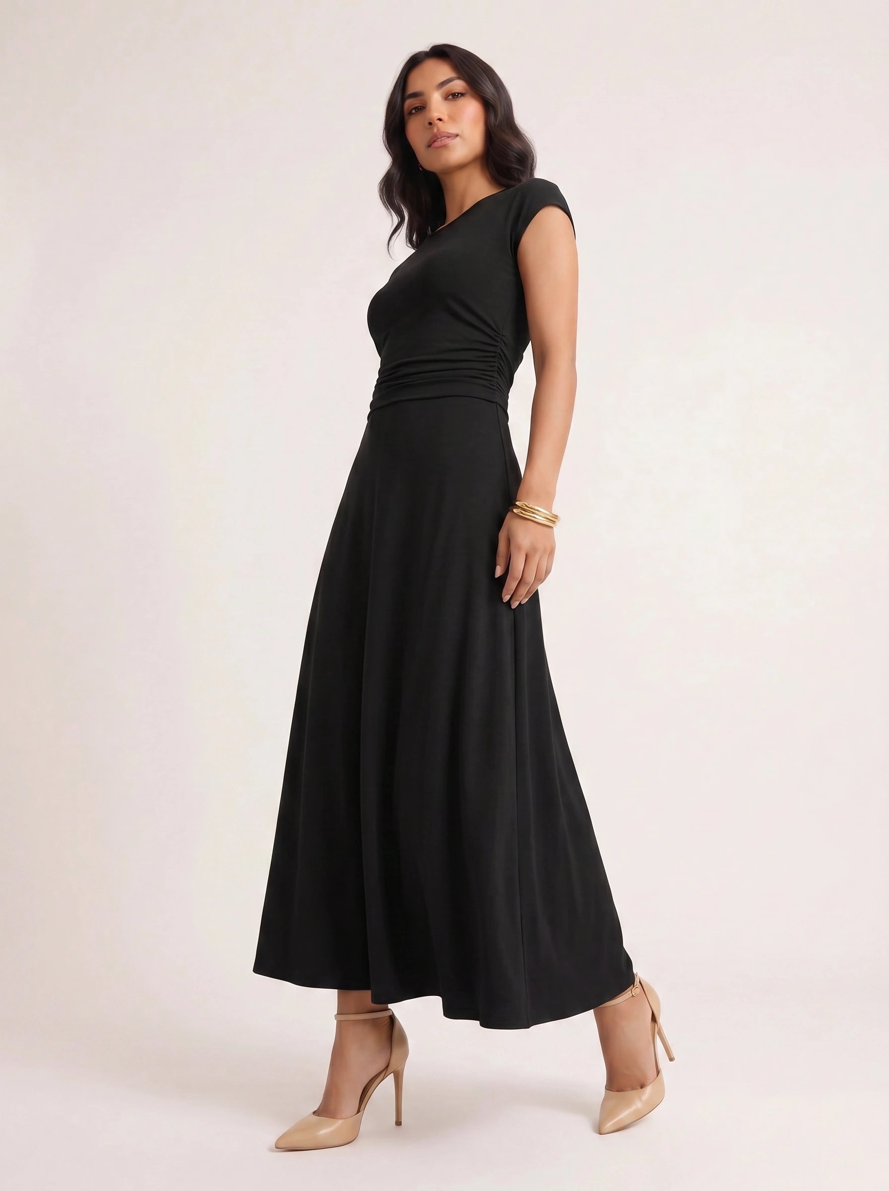 Ruccia Cap Sleeve Ruched Waist Maxi Dress – Women Formal Wedding Guest Elegant Evening Maxi Dress
