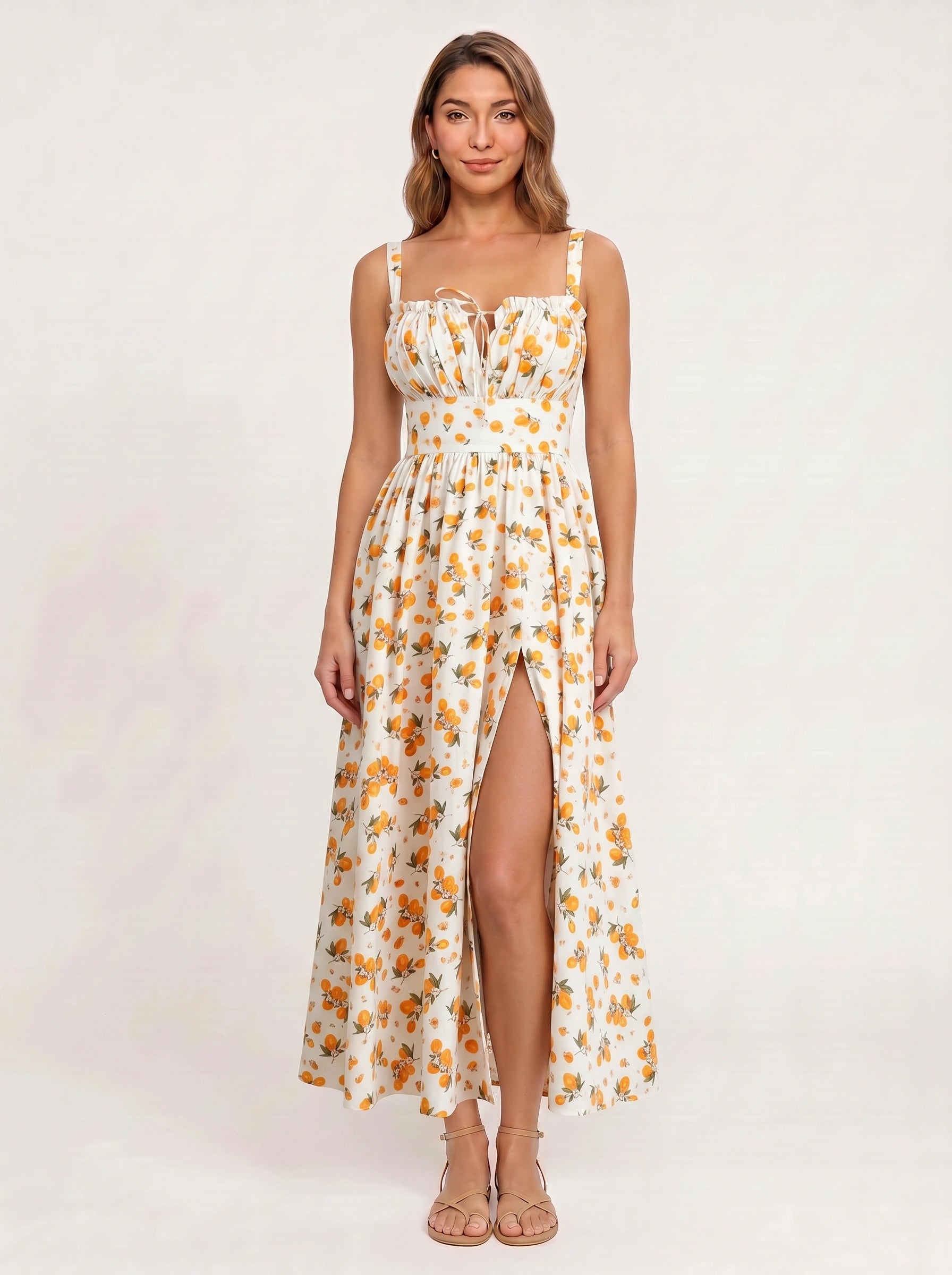 Citraluna Gathered Bust Slit Midi Dress – Fruit Print Floral Midi Dress Women Wedding Guest Sundress
