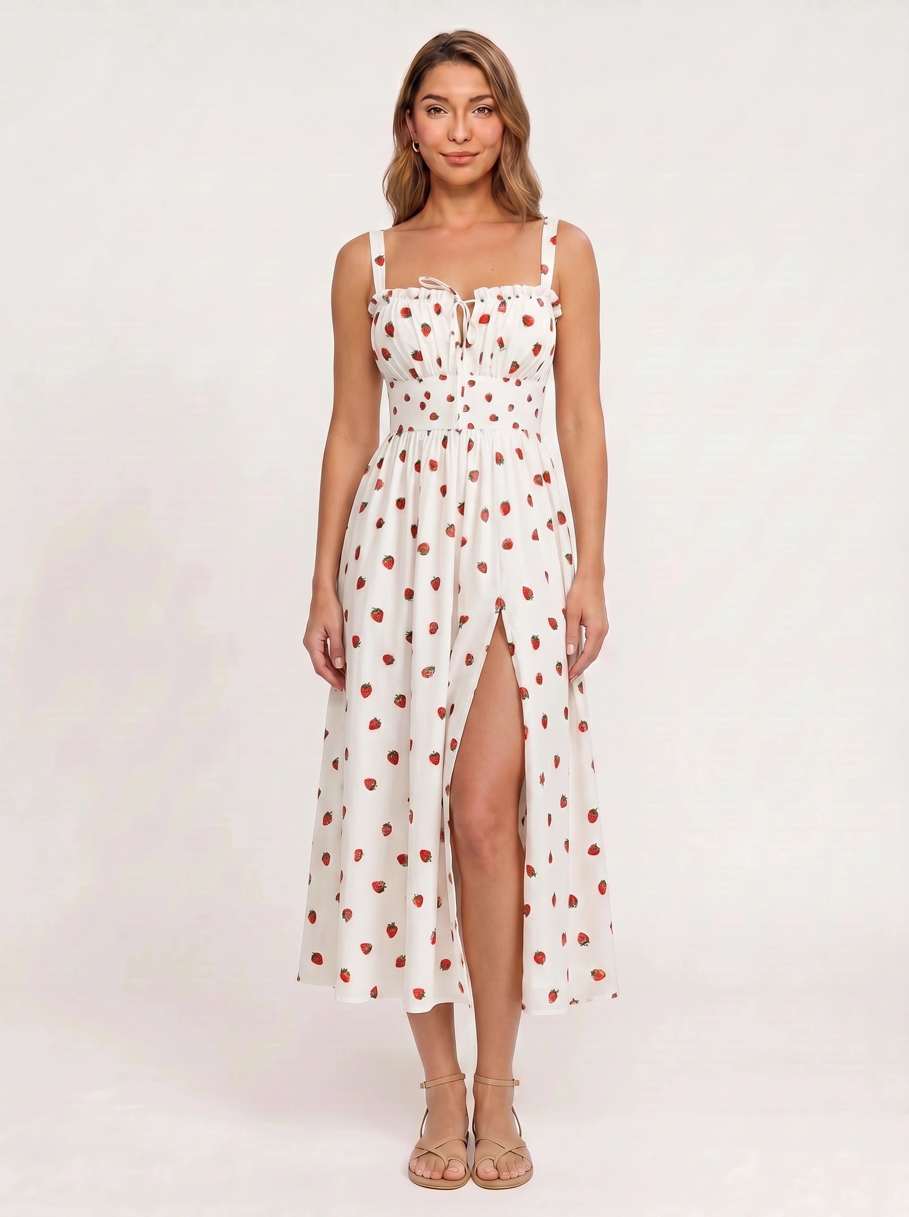 Citraluna Gathered Bust Slit Midi Dress – Fruit Print Floral Midi Dress Women Wedding Guest Sundress