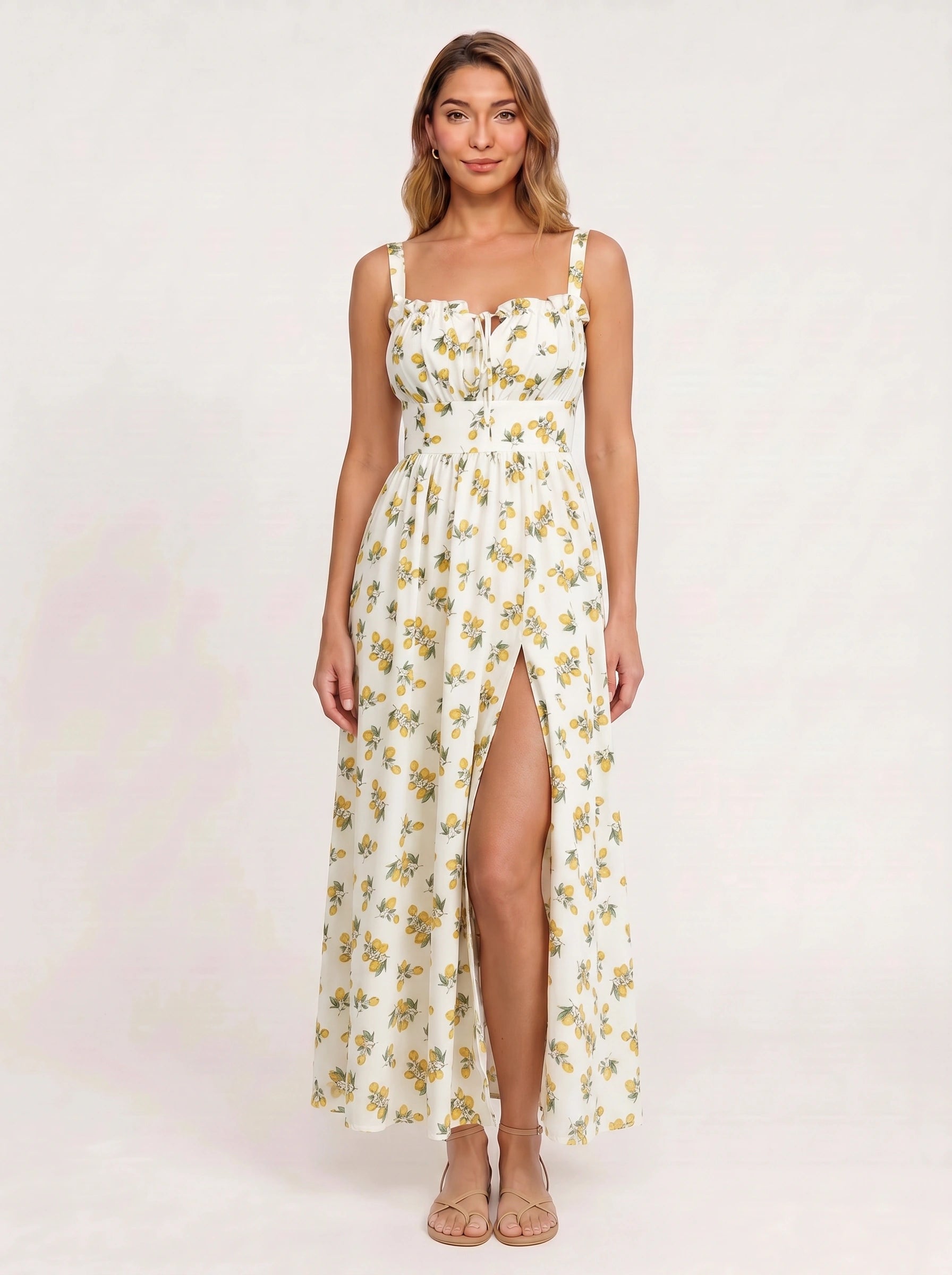 Citraluna Gathered Bust Slit Midi Dress – Fruit Print Floral Midi Dress Women Wedding Guest Sundress