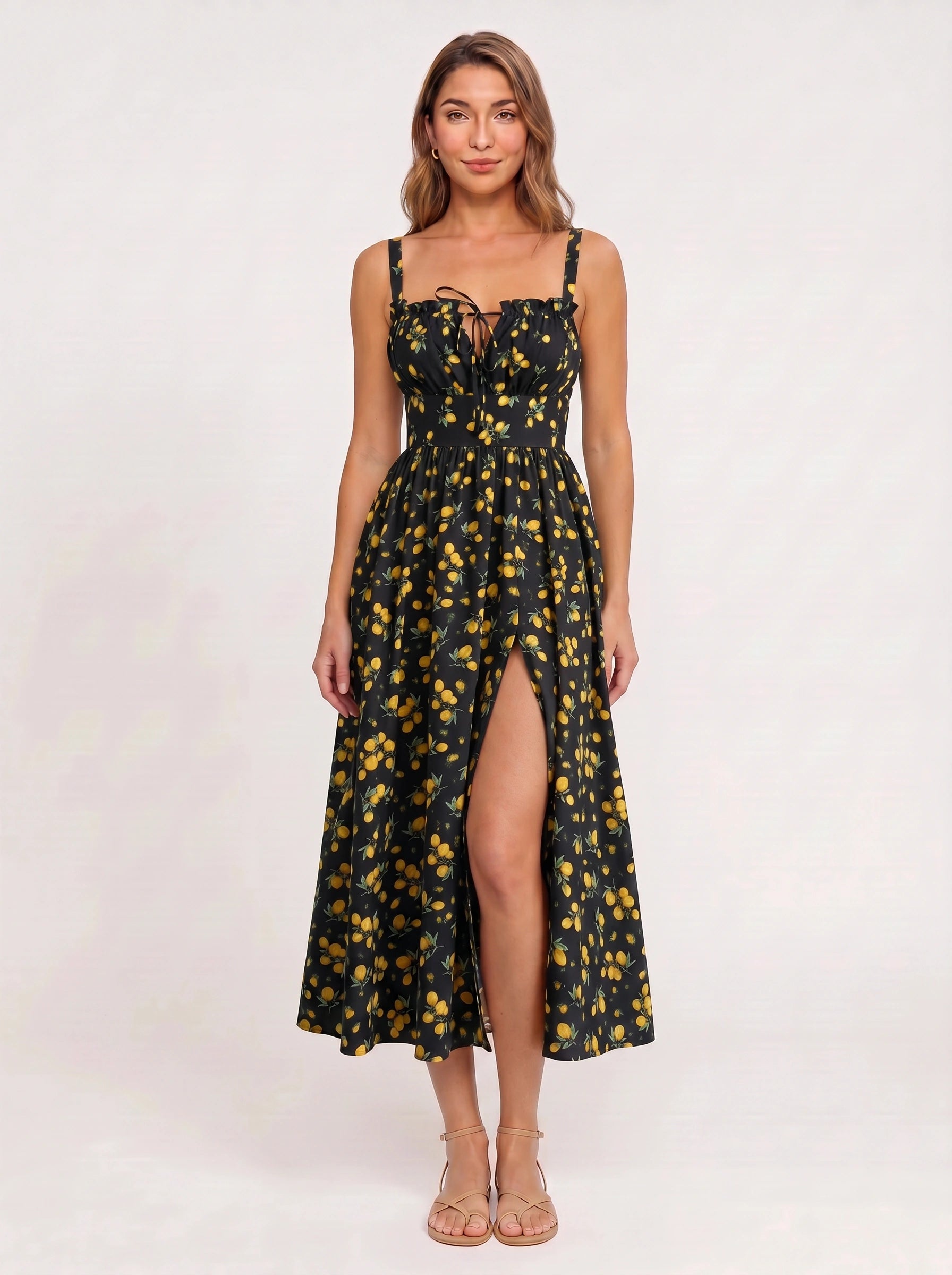 Citraluna Gathered Bust Slit Midi Dress – Fruit Print Floral Midi Dress Women Wedding Guest Sundress