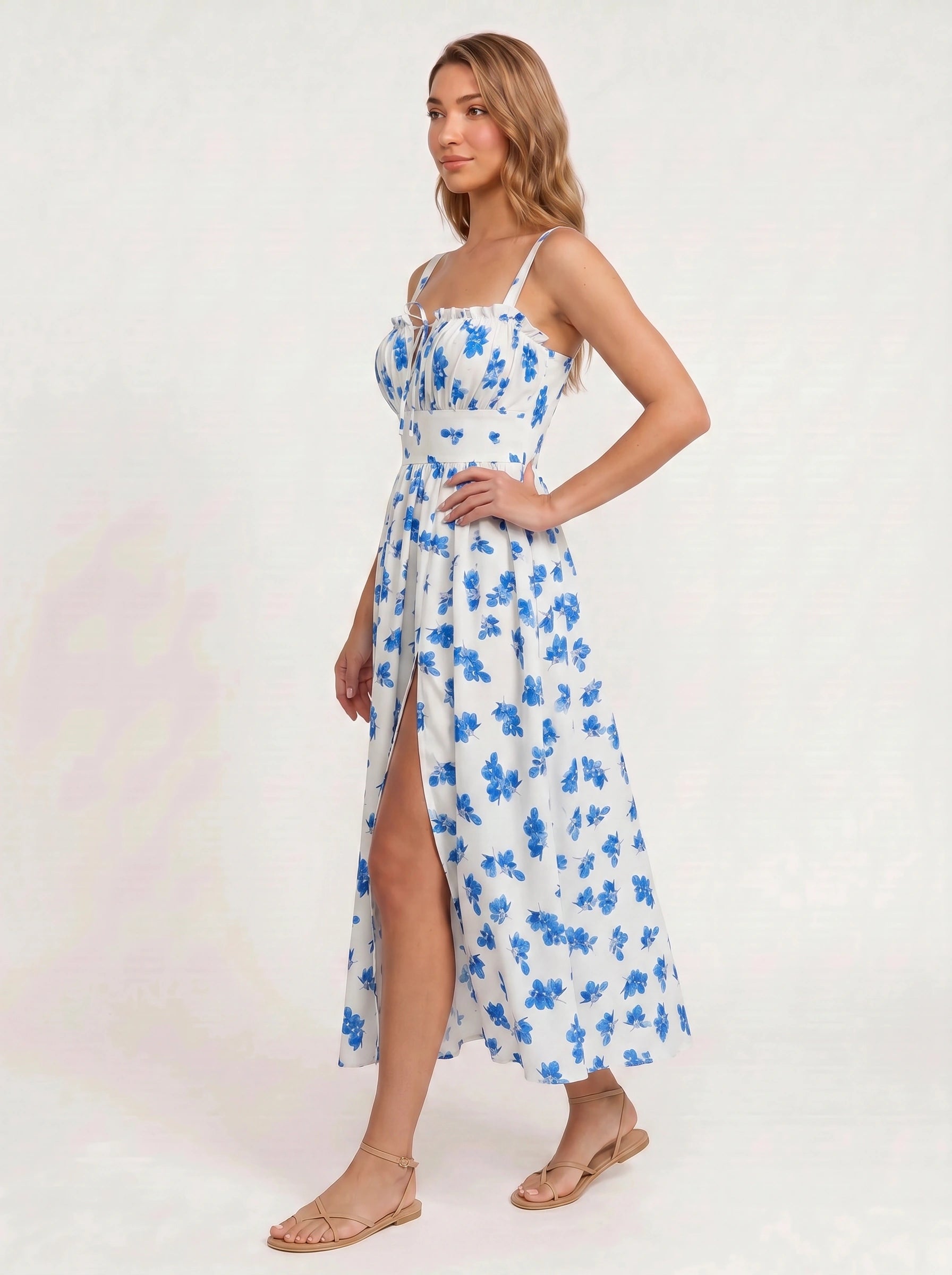 Citraluna Gathered Bust Slit Midi Dress – Fruit Print Floral Midi Dress Women Wedding Guest Sundress