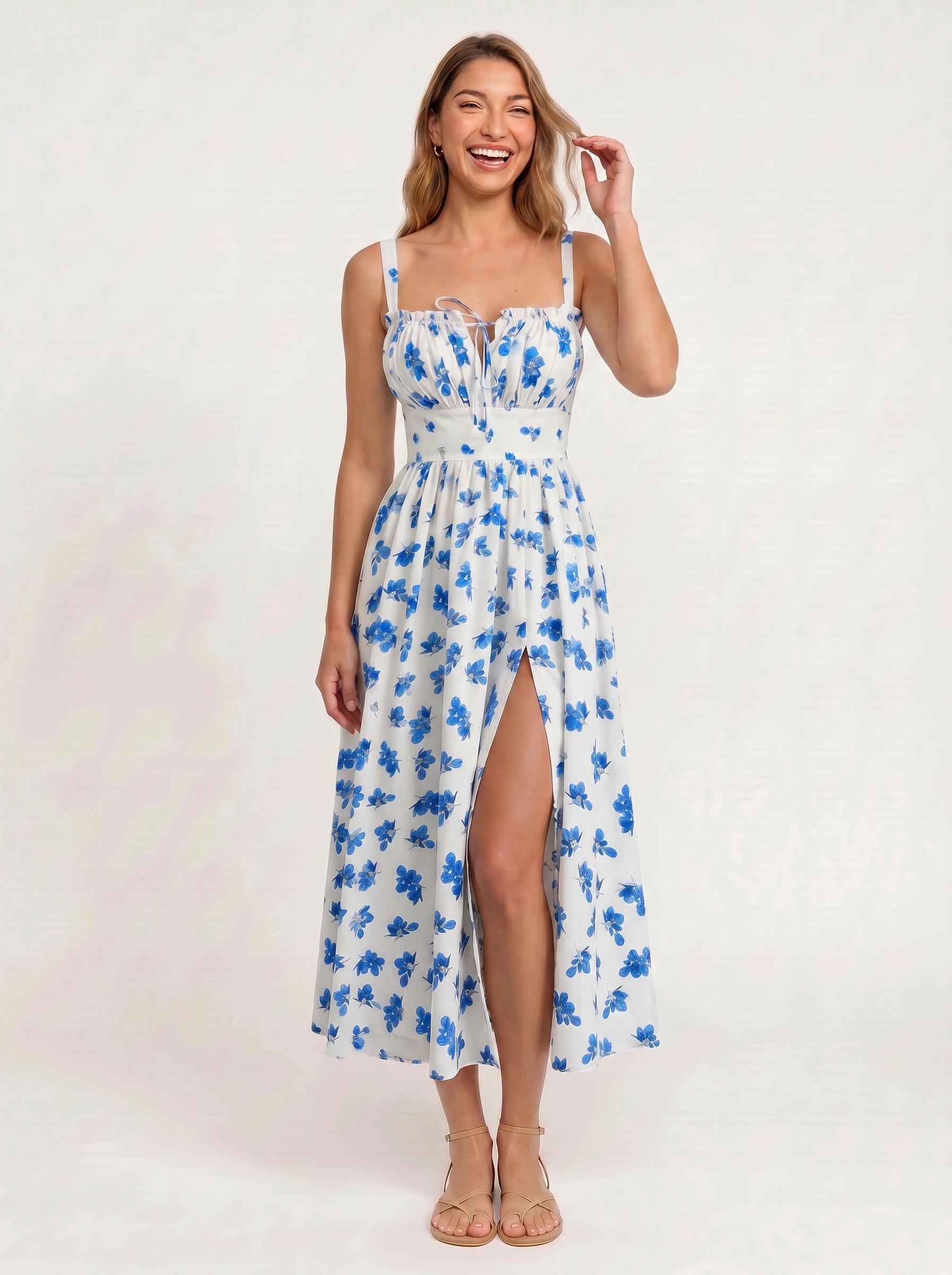 Citraluna Gathered Bust Slit Midi Dress – Fruit Print Floral Midi Dress Women Wedding Guest Sundress