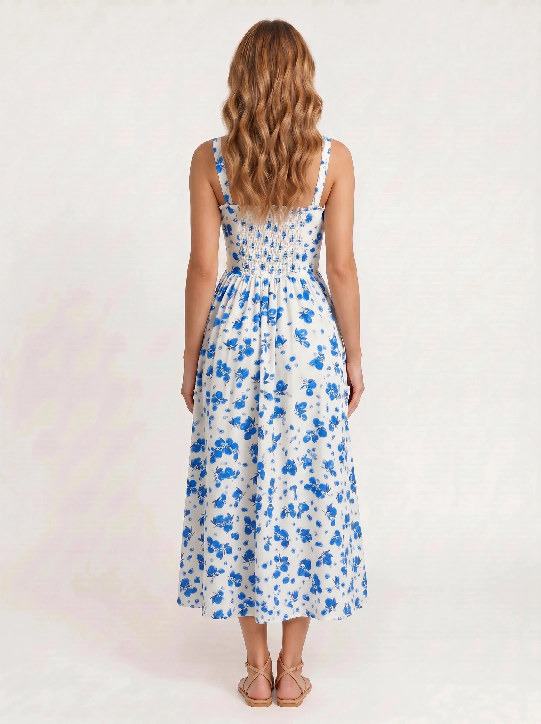 Citraluna Gathered Bust Slit Midi Dress – Fruit Print Floral Midi Dress Women Wedding Guest Sundress